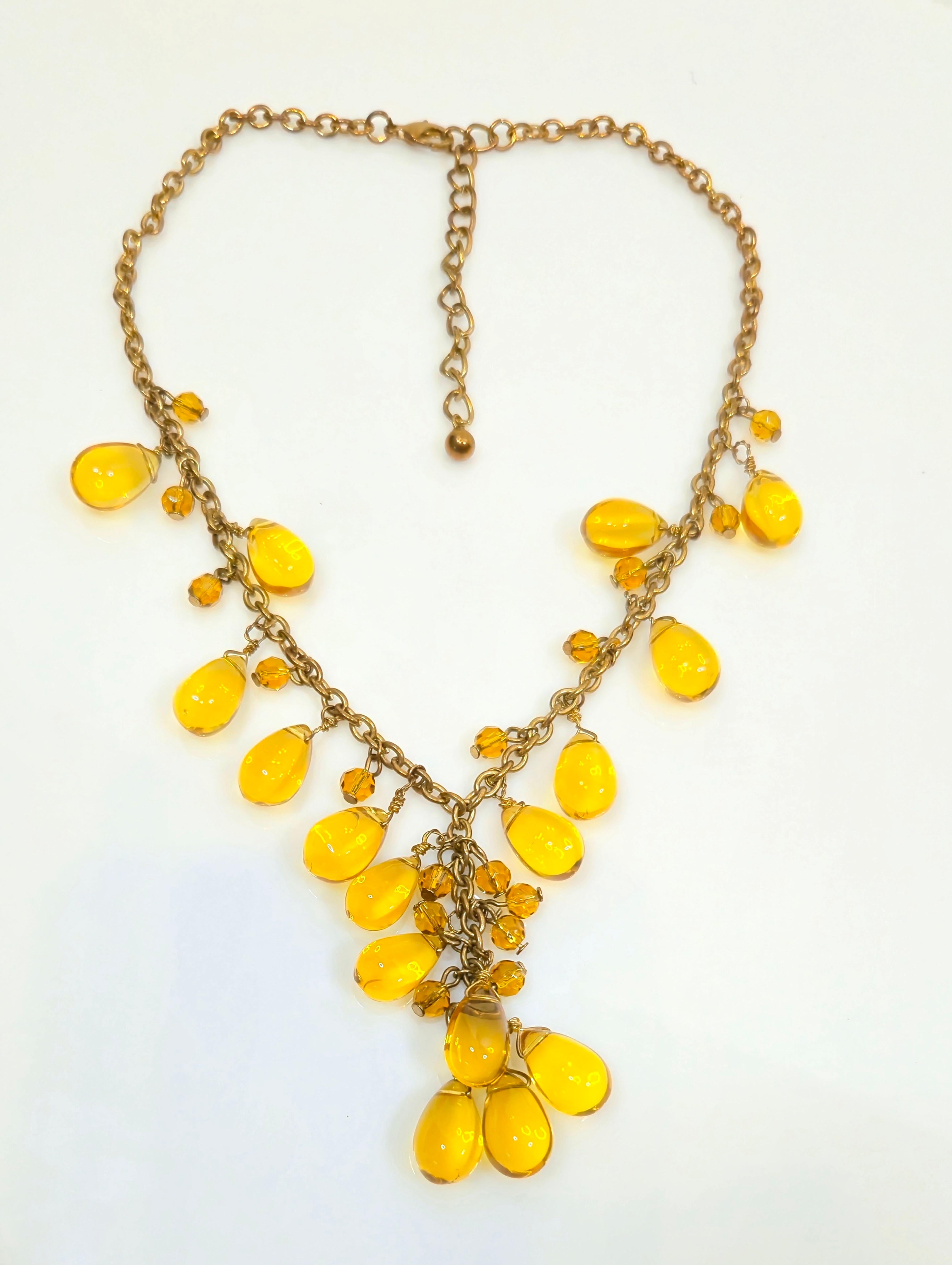 Antique 33 Citrine PolishedTeardrops & FacetedBeads BronzeChain Drop Necklace In Excellent Condition For Sale In Chicago, IL