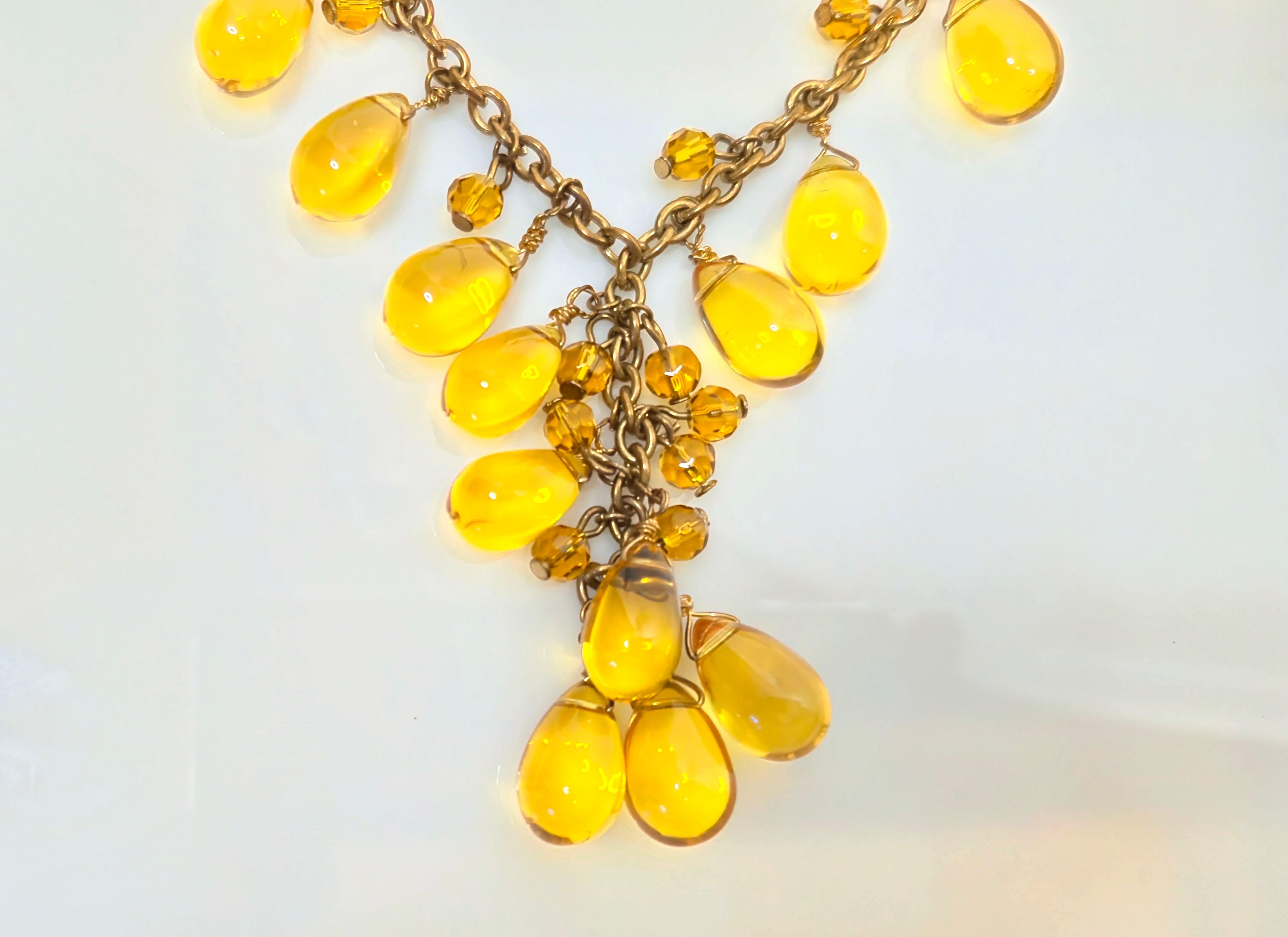 Women's or Men's Antique 33 Citrine PolishedTeardrops & FacetedBeads BronzeChain Drop Necklace For Sale