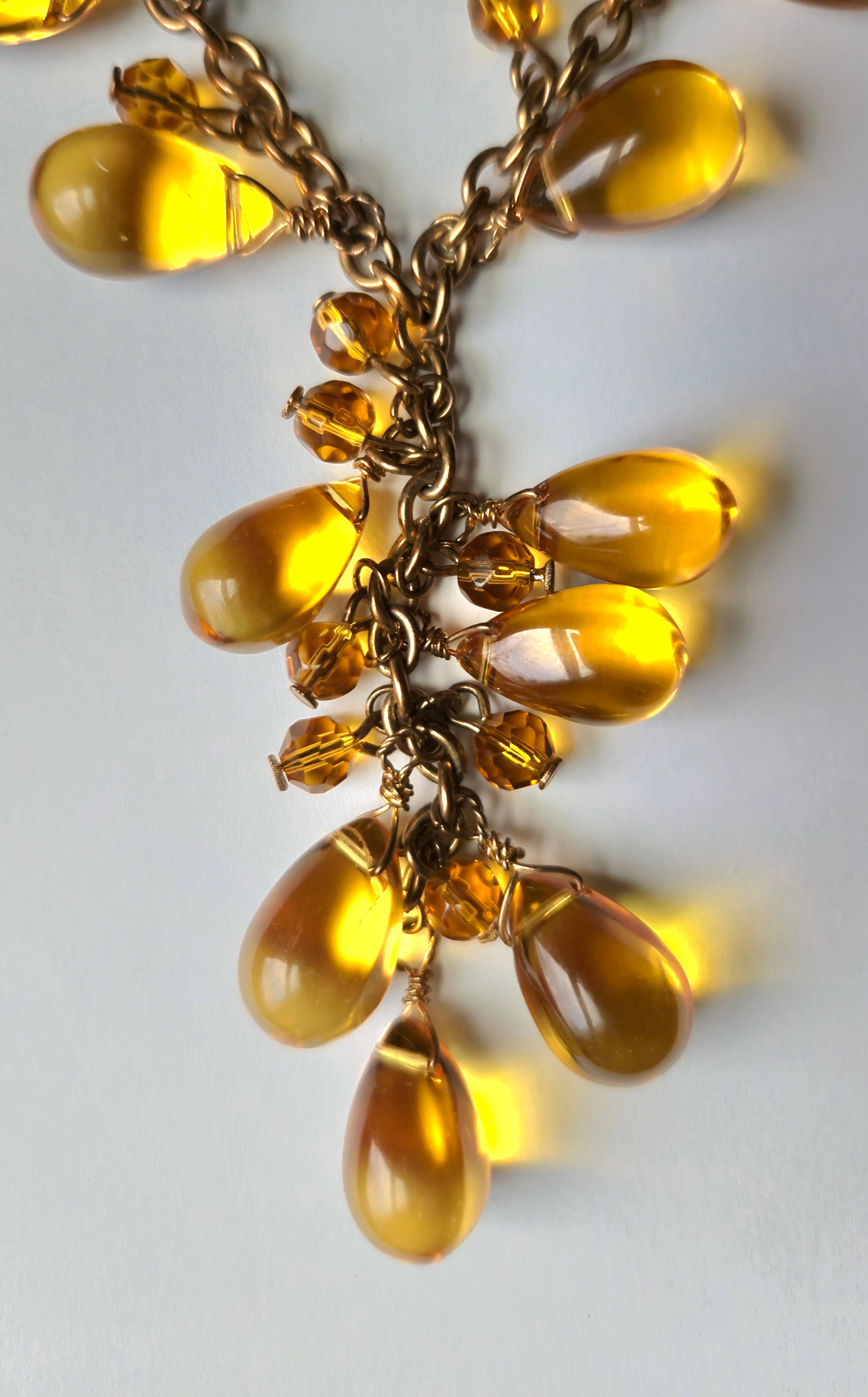 Antique 33 Citrine PolishedTeardrops & FacetedBeads BronzeChain Drop Necklace For Sale 1