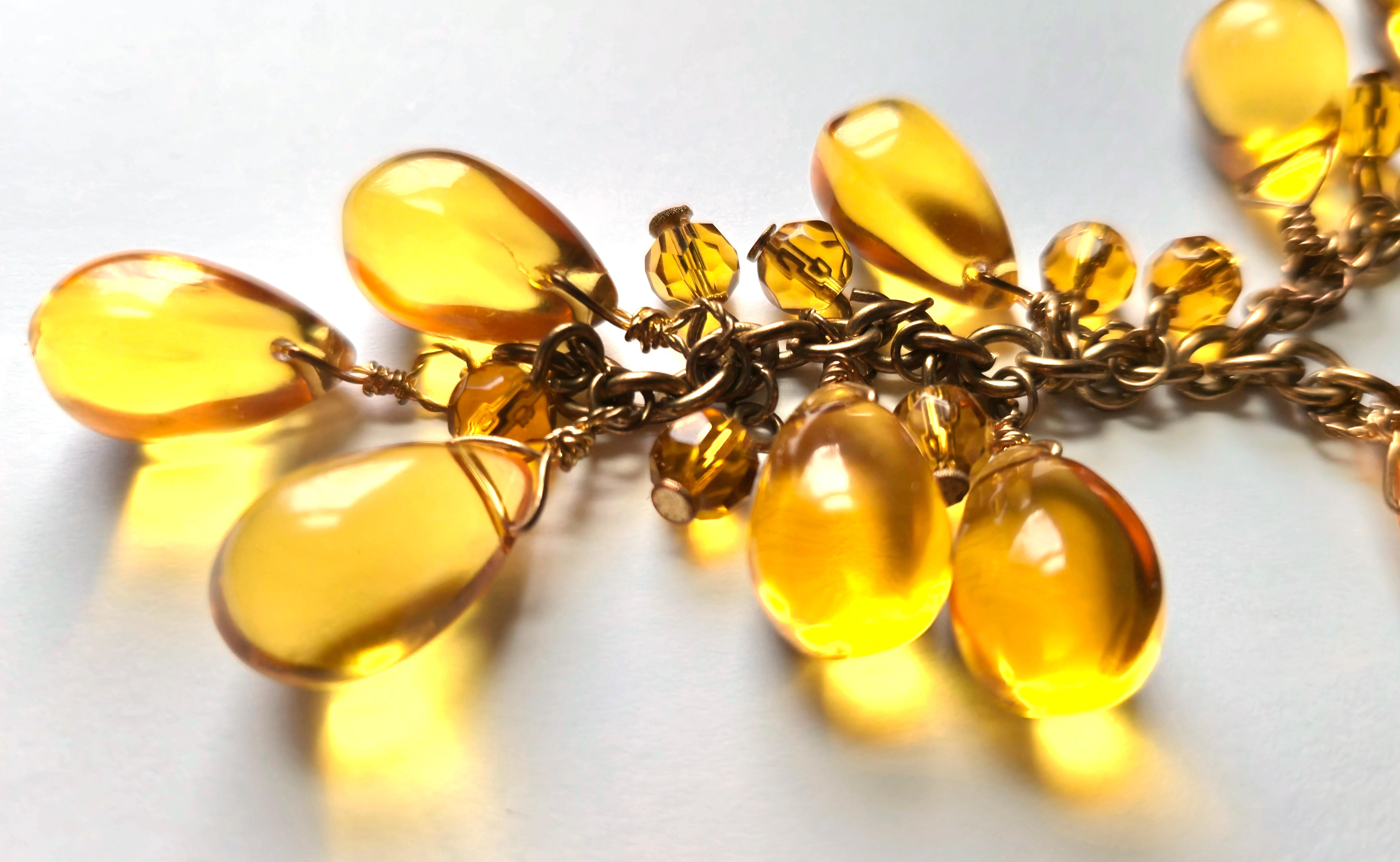 Antique 33 Citrine PolishedTeardrops & FacetedBeads BronzeChain Drop Necklace For Sale 2