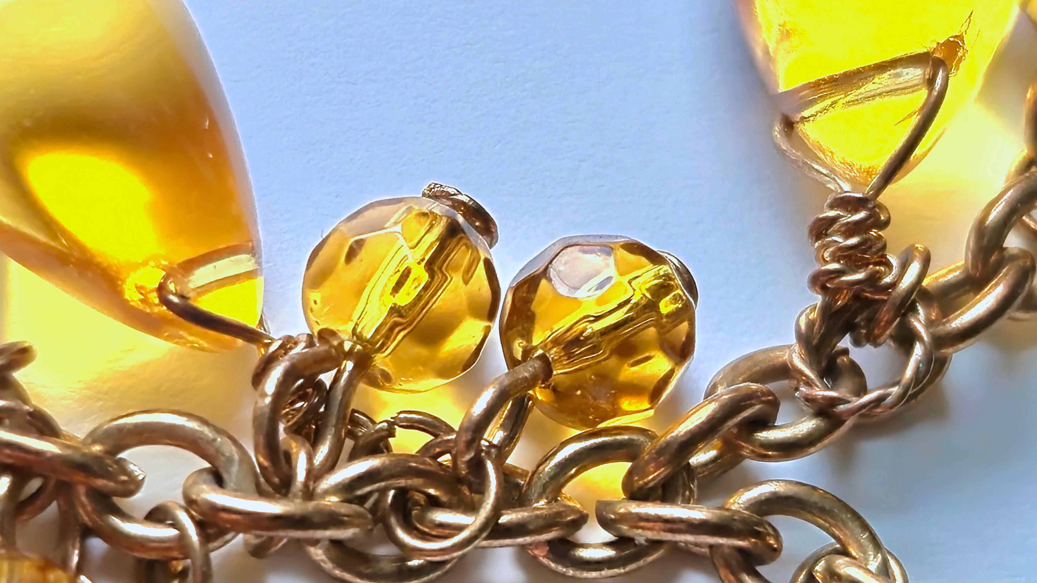 Antique 33 Citrine PolishedTeardrops & FacetedBeads BronzeChain Drop Necklace For Sale 3