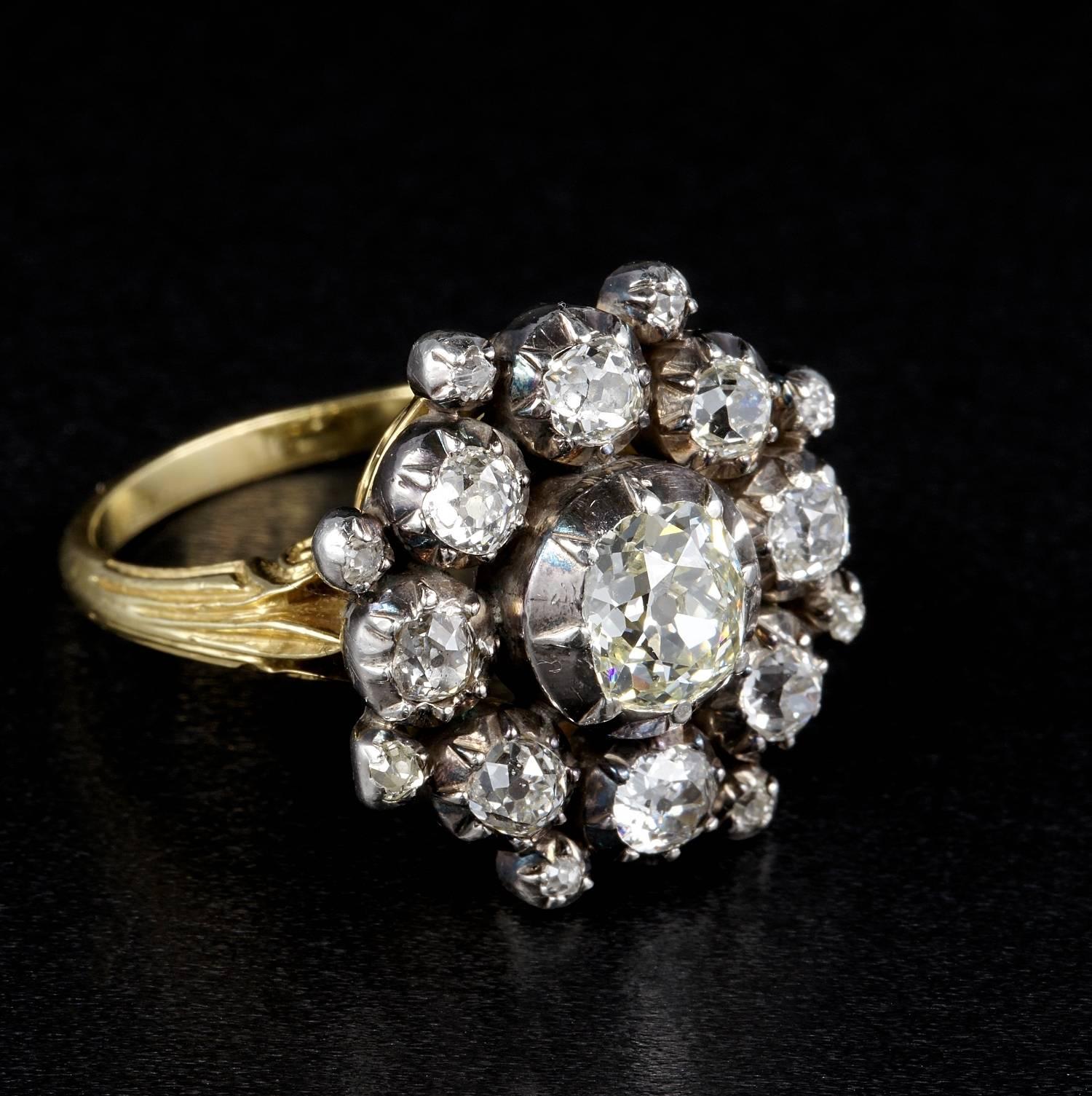 Old Mine Cut Antique 3.30 Carat Old Mine Diamond Magnificent Cluster Ring