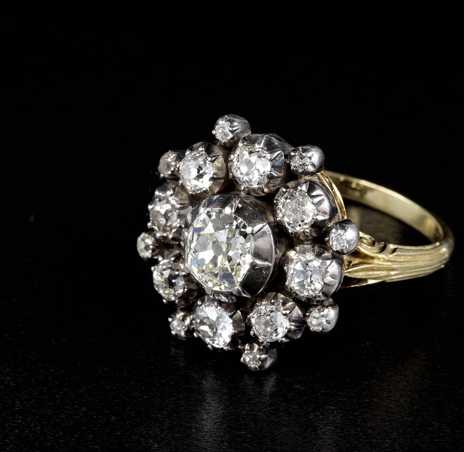 Women's Antique 3.30 Carat Old Mine Diamond Magnificent Cluster Ring