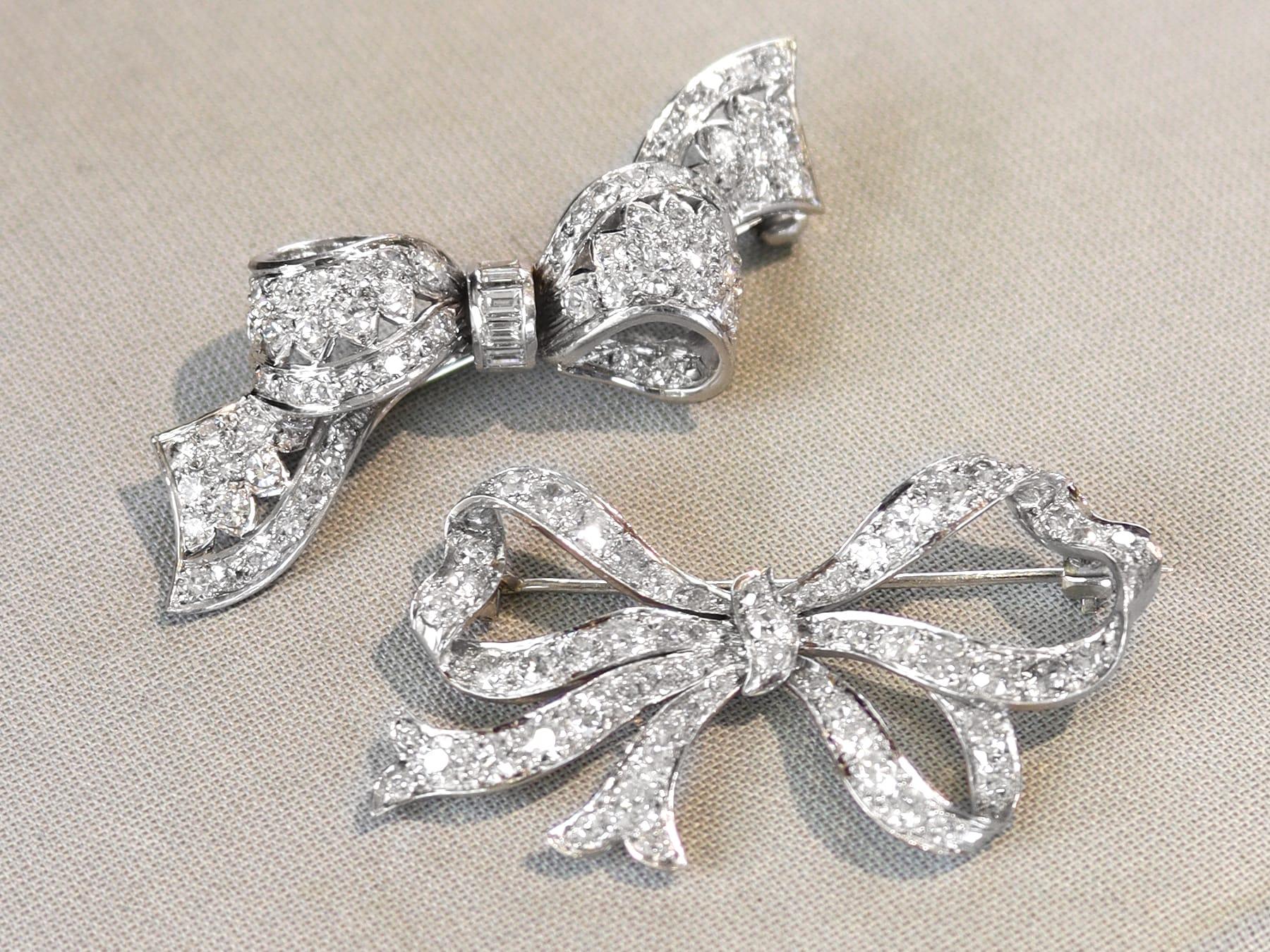 Old European Cut Antique 3.30Ct Diamond and Platinum Bow Brooch Circa 1915