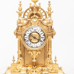 Antique Three Piece French Monumental Gilt Bronze Clock Garniture, circa 1900