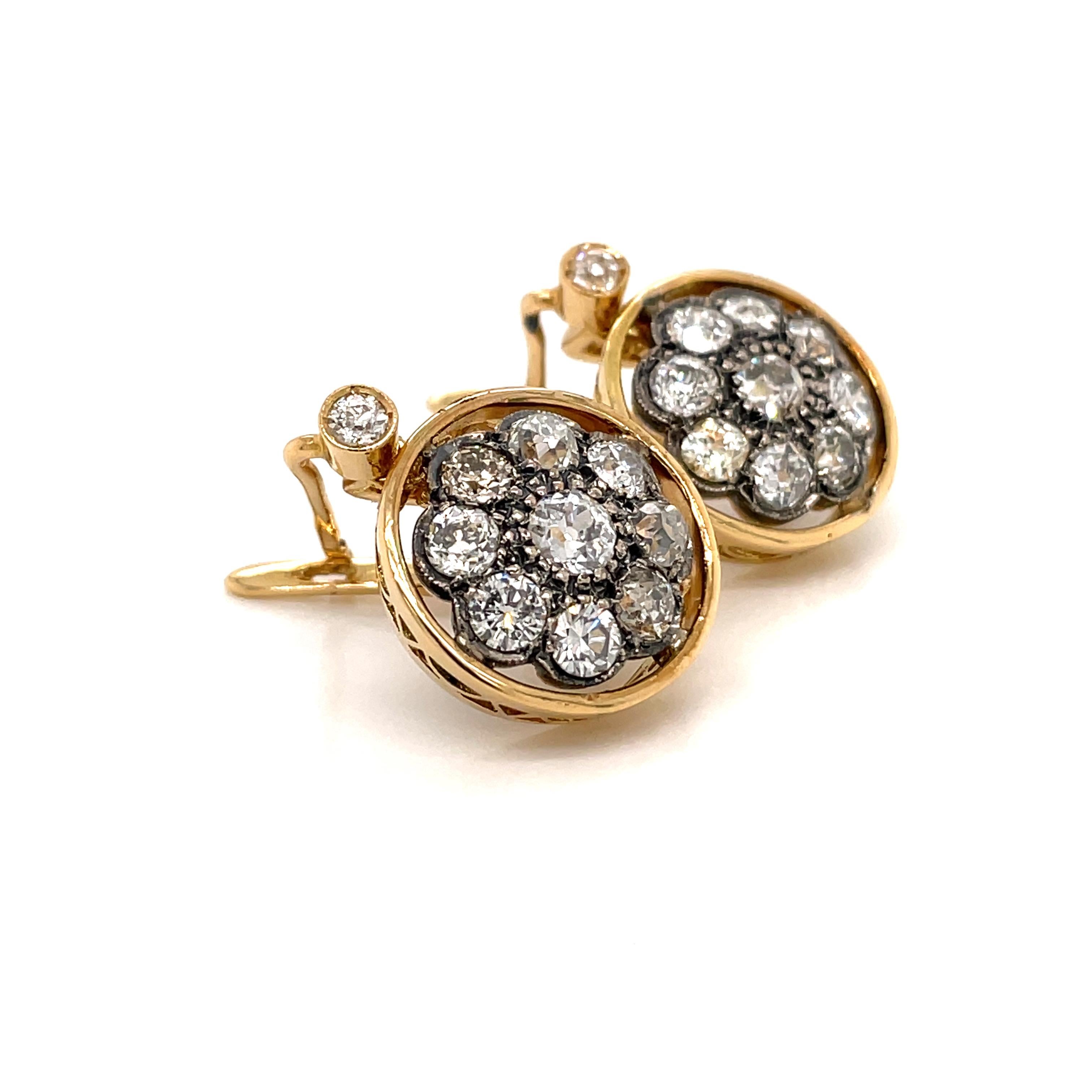 Victorian Antique 3.40 Carat Diamond Gold Cluster Earrings, 1900'