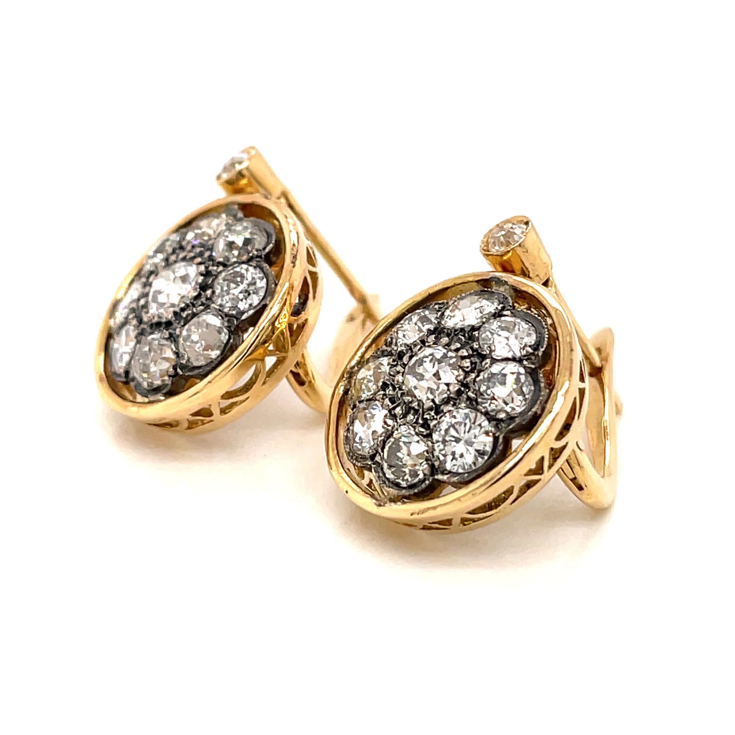 Old Mine Cut Antique 3.40 Carat Diamond Gold Cluster Earrings, 1900'