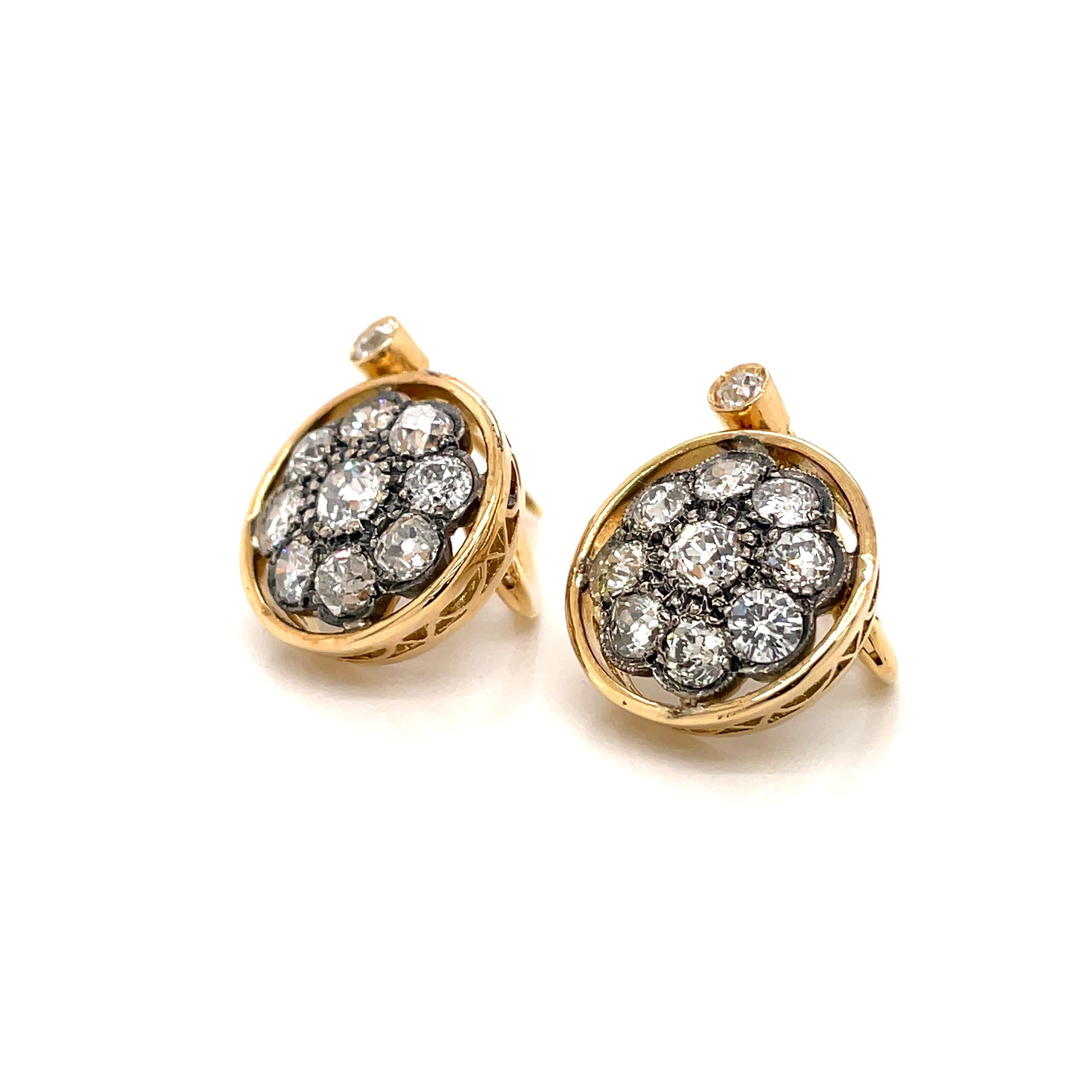 Women's Antique 3.40 Carat Diamond Gold Cluster Earrings, 1900'