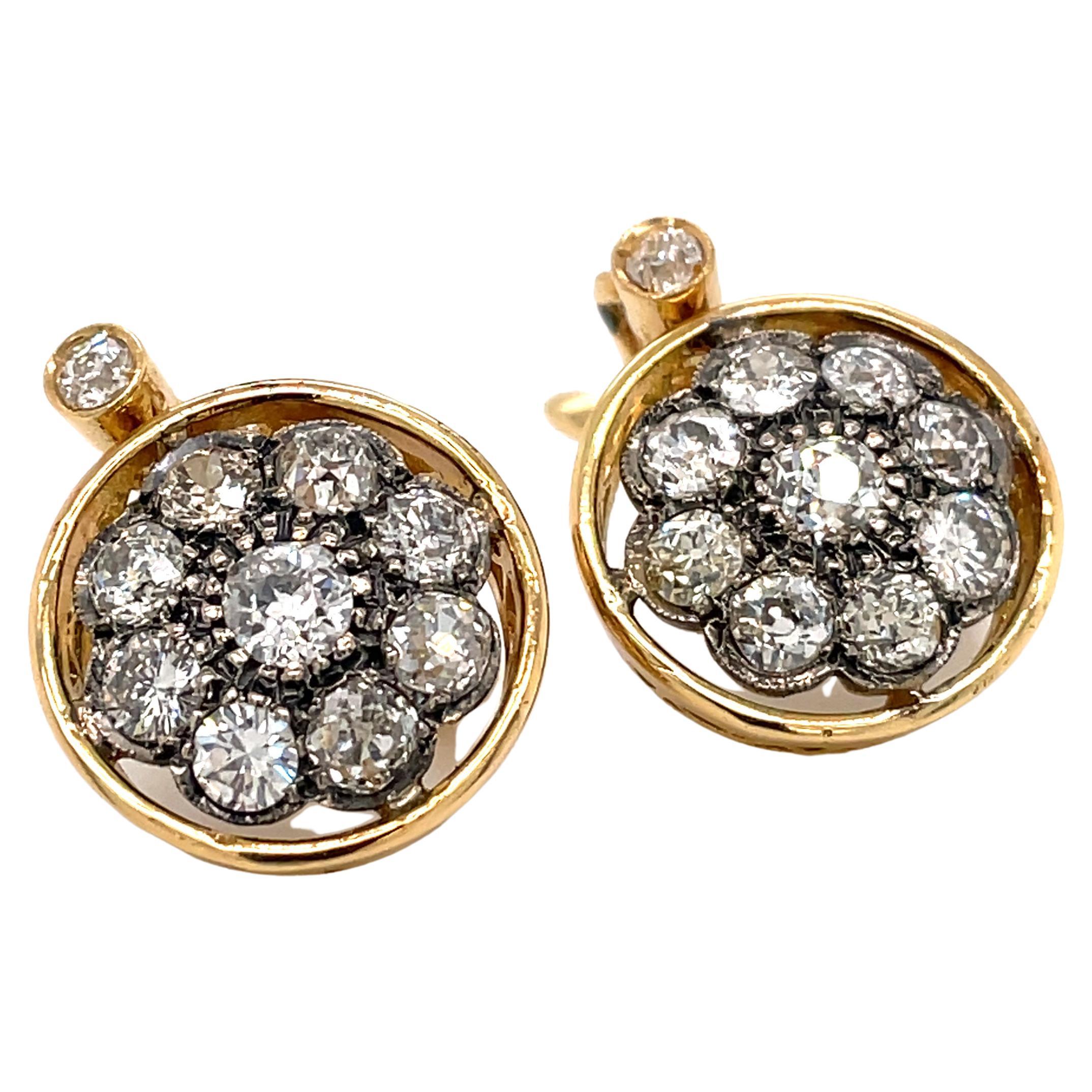 Antique 3.40 Carat Diamond Gold Cluster Earrings, 1900'