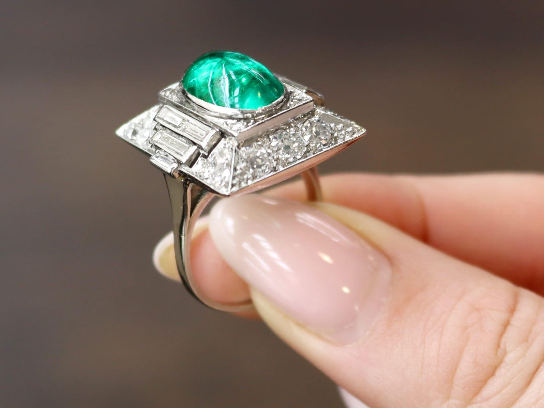 Oval Cut Antique 3.40ct Cabochon Cut Emerald and 2.72ct Diamond Cocktail Ring For Sale