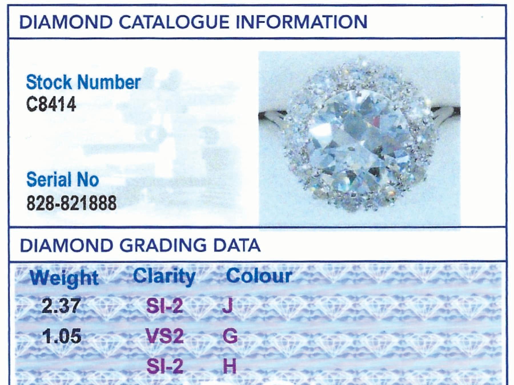 Antique 3.42 carat Diamond and Platinum Cluster Engagement Ring For Sale 5
