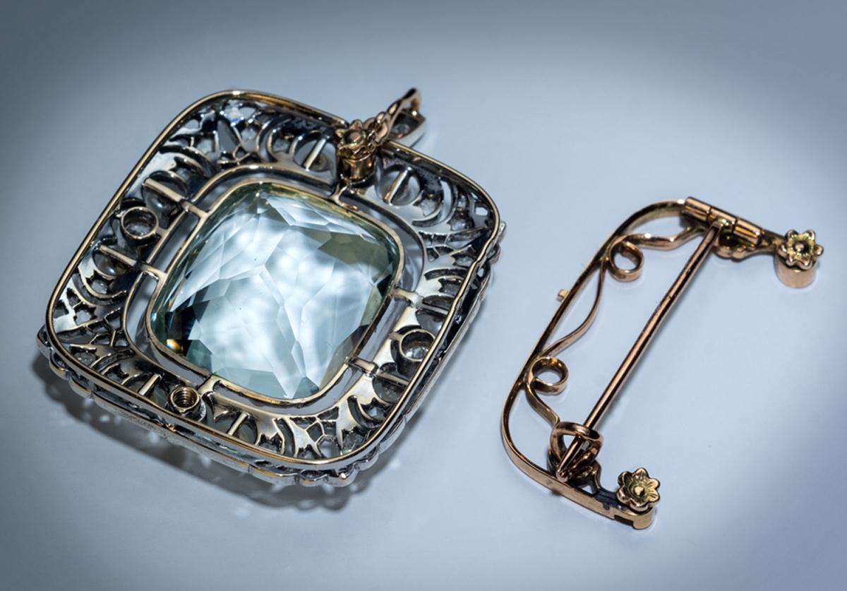 Edwardian Antique 34.25 Carat Aquamarine Diamond Pearl Brooch Pendant