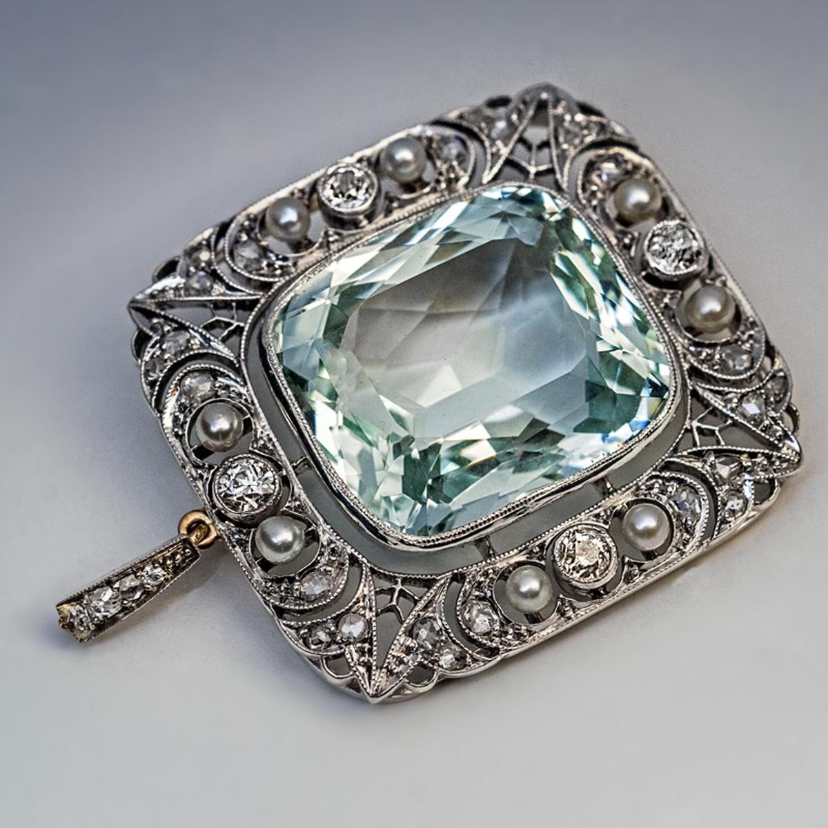 Women's or Men's Antique 34.25 Carat Aquamarine Diamond Pearl Brooch Pendant