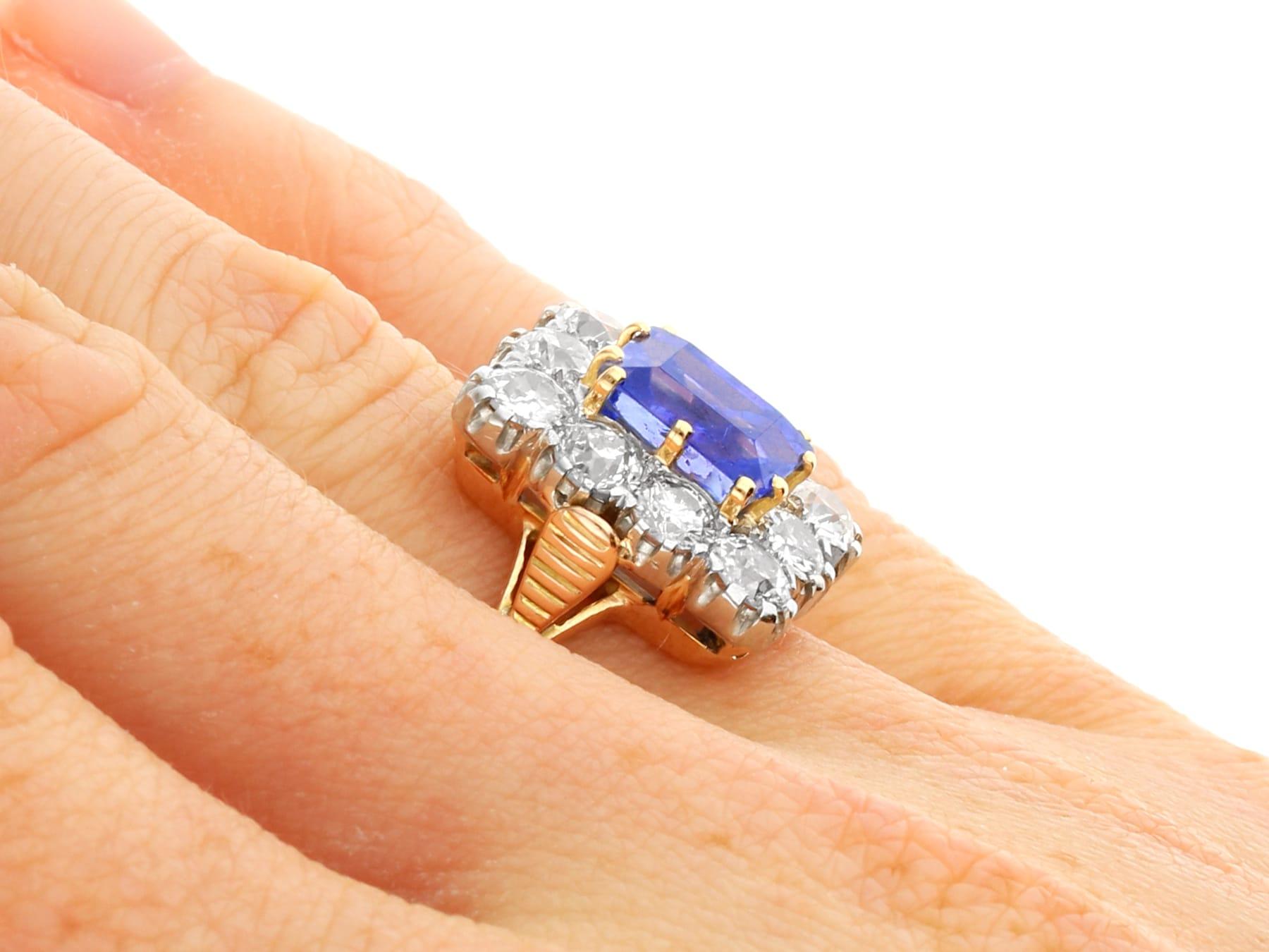 Antique 3.43 Carat Ceylon Sapphire and Diamond Yellow Gold Cluster Ring  For Sale 5
