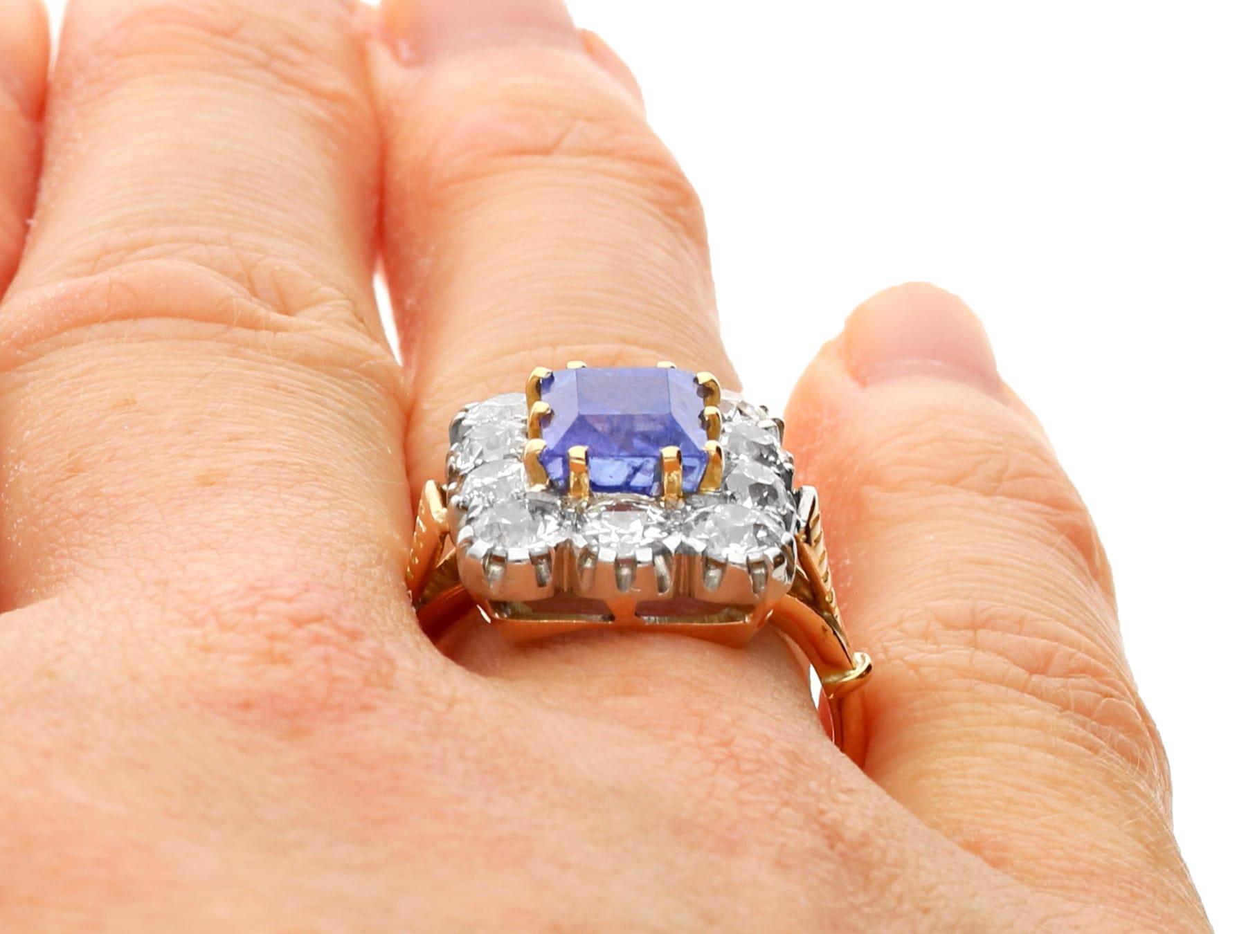 Antique 3.43 Carat Ceylon Sapphire and Diamond Yellow Gold Cluster Ring  For Sale 6