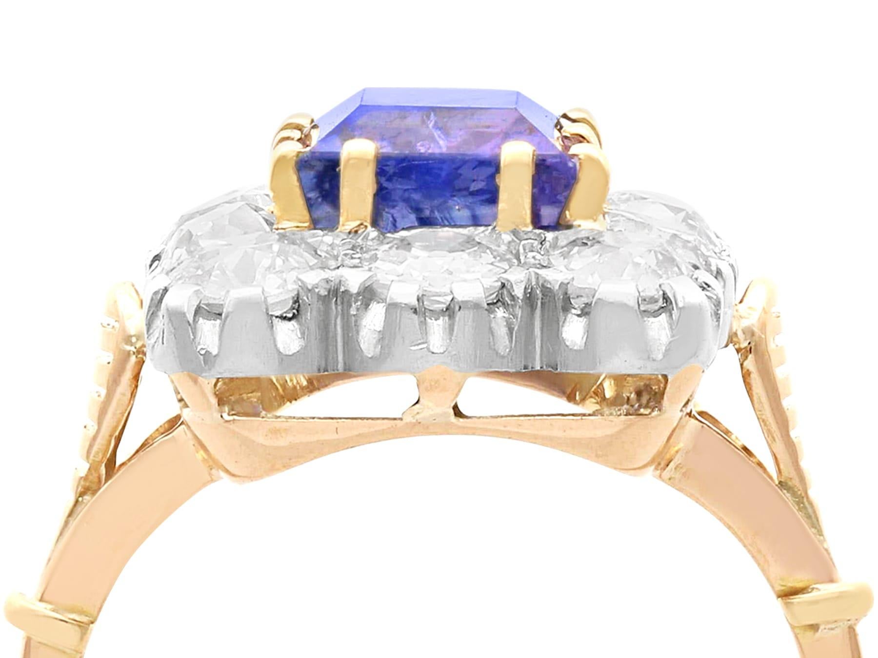 Old European Cut Antique 3.43 Carat Ceylon Sapphire and Diamond Yellow Gold Cluster Ring  For Sale