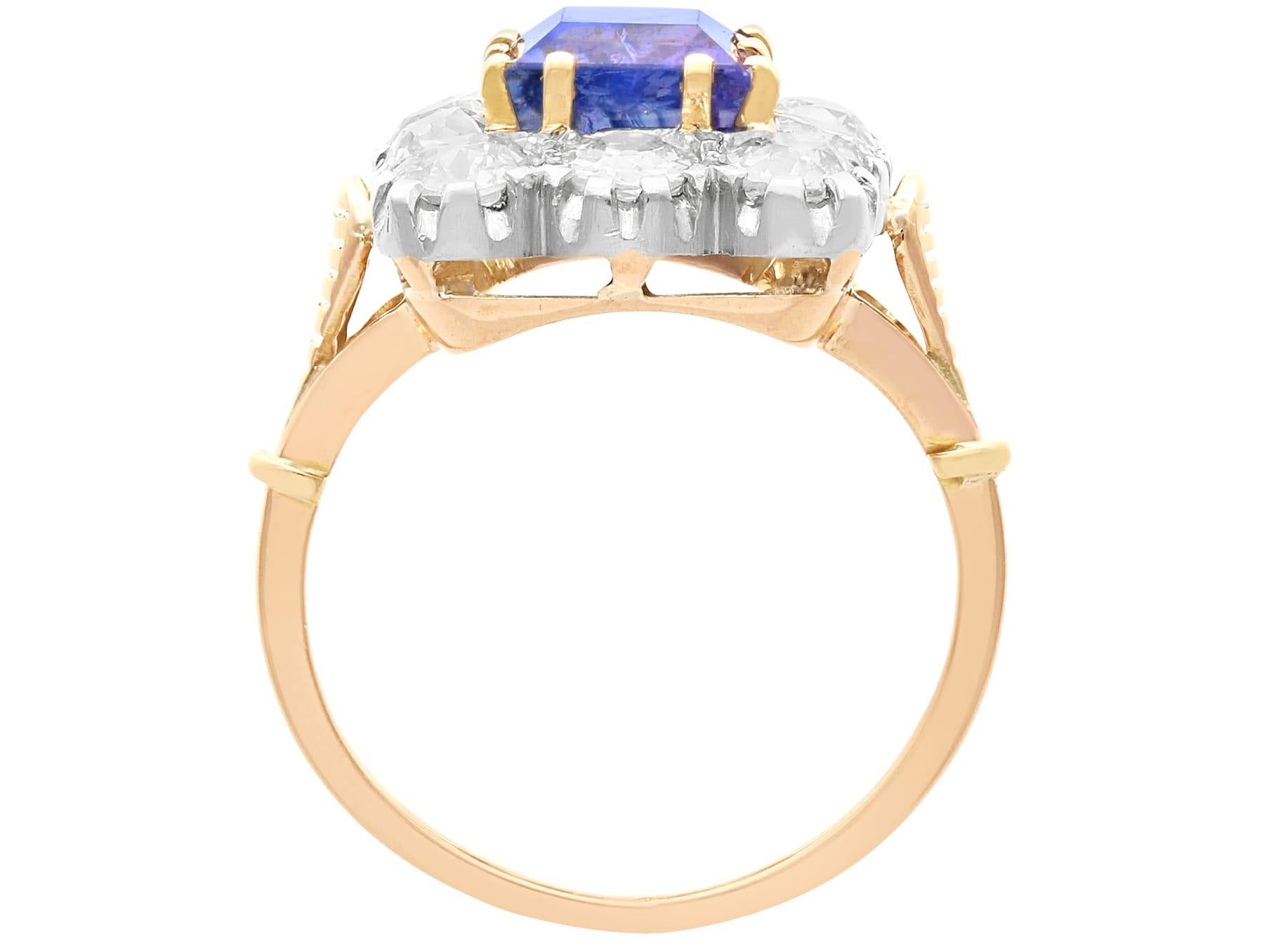 Antique 3.43 Carat Ceylon Sapphire and Diamond Yellow Gold Cluster Ring  For Sale 1