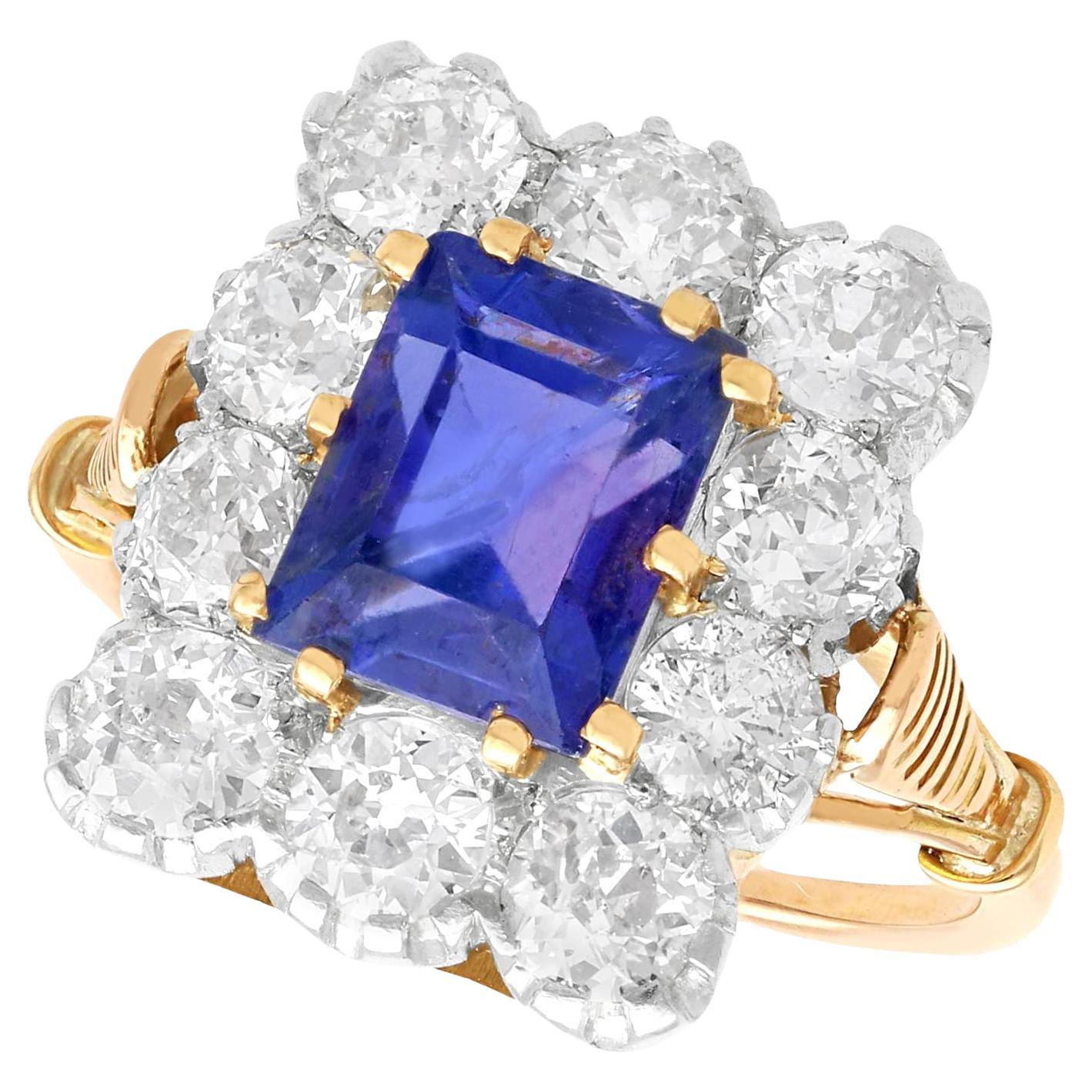 Antique 3.43 Carat Ceylon Sapphire and Diamond Yellow Gold Cluster Ring  For Sale
