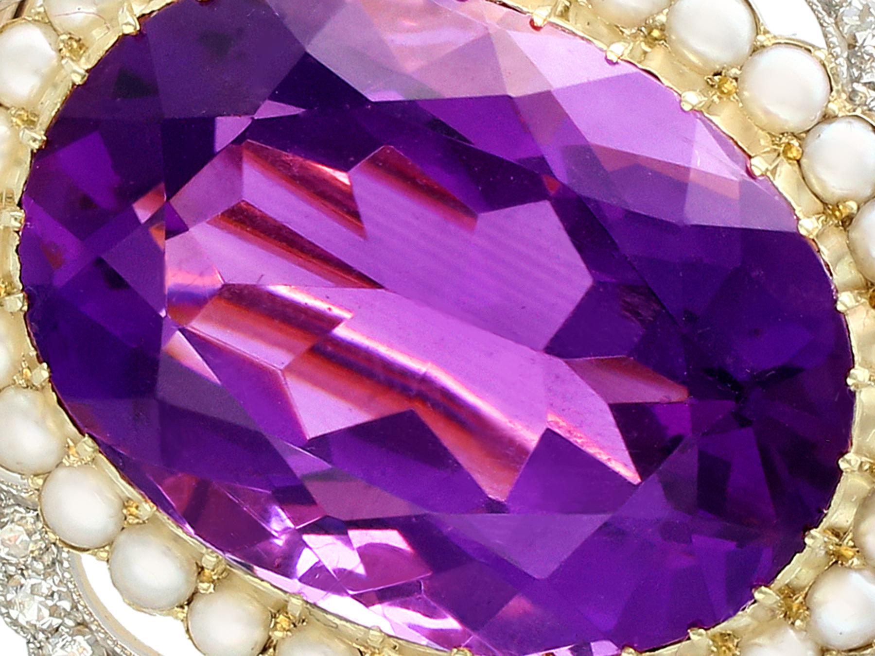 A stunning antique 34.49 carat amethyst and 2.95 carat diamond 15 karat yellow gold and platinum set brooch; part of our diverse antique jewellery and estate jewelry collections.

This stunning, fine and impressive antique brooch has been crafted in