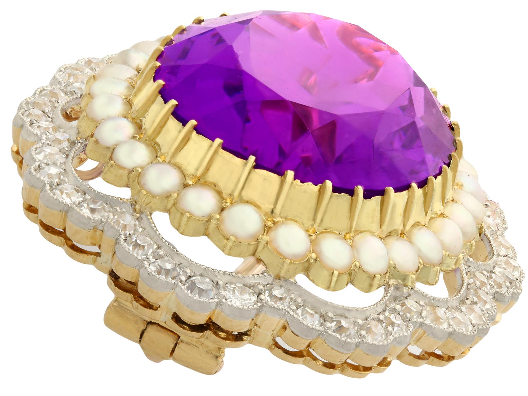 Women's or Men's Antique 34.49 Carat Amethyst and 2.95 Carat Diamond Pearl and Yellow Gold Brooch