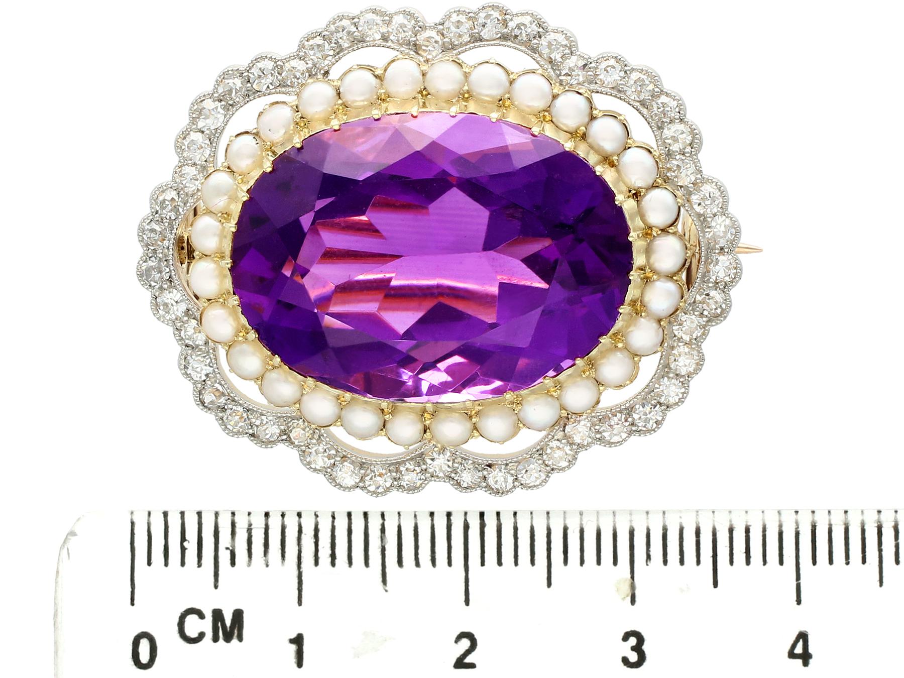 Antique 34.49 Carat Amethyst and 2.95 Carat Diamond Pearl and Yellow Gold Brooch 3