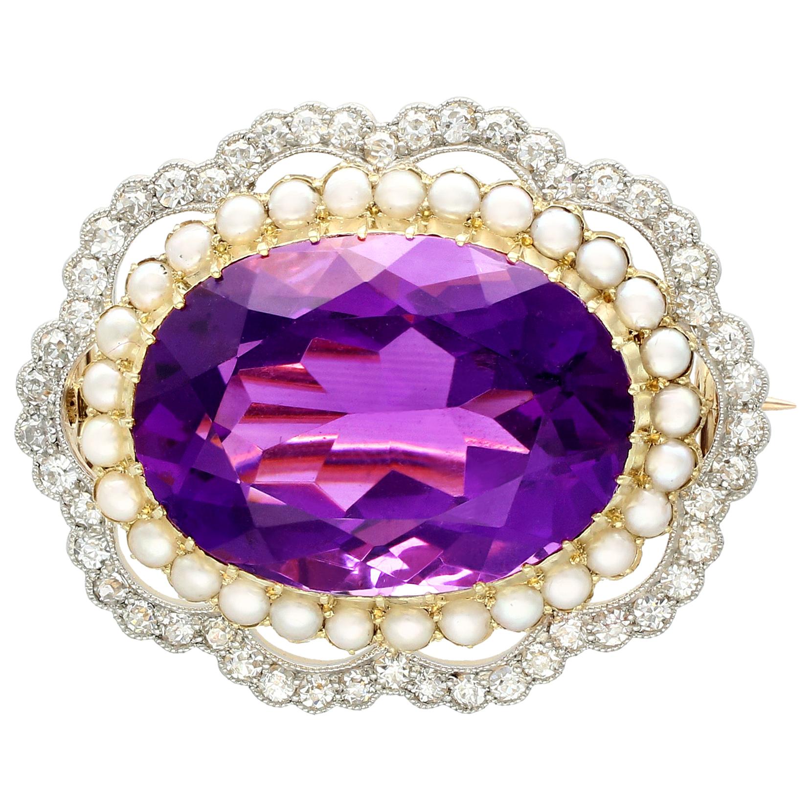 Antique 34.49 Carat Amethyst and 2.95 Carat Diamond Pearl and Yellow Gold Brooch
