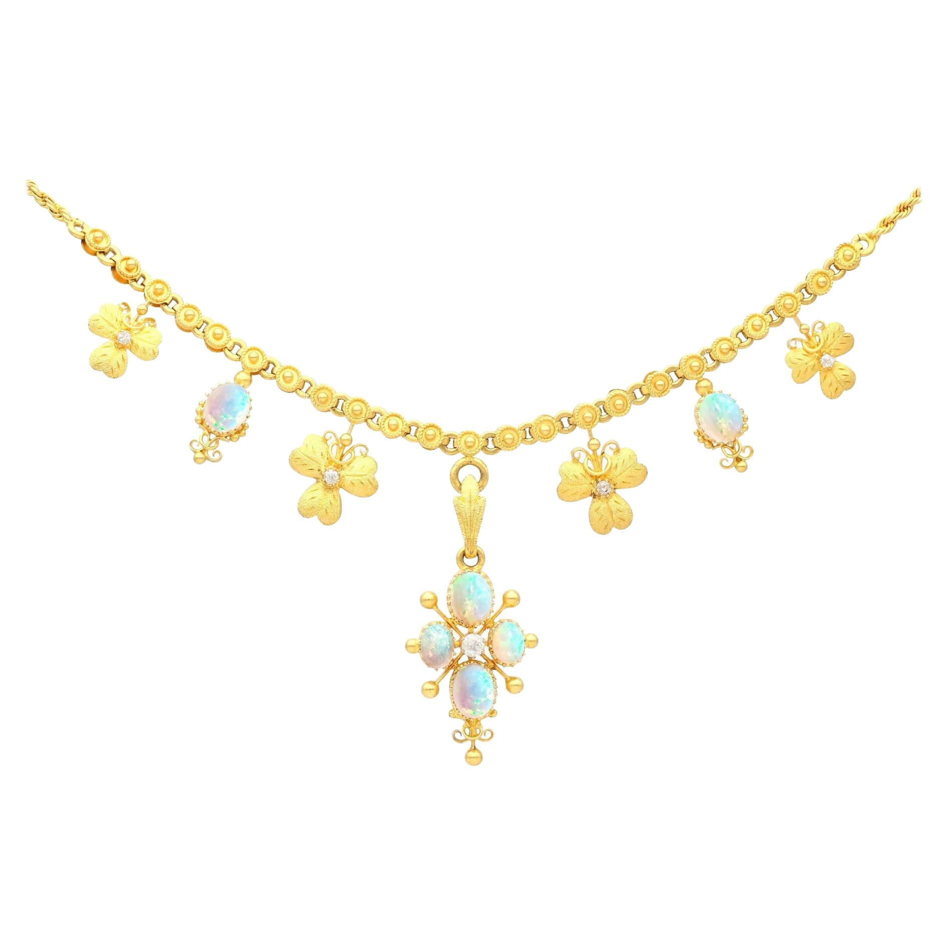 Antique 3.45 Carat Opal and Diamond 22k Yellow Gold Necklace, Circa 1890