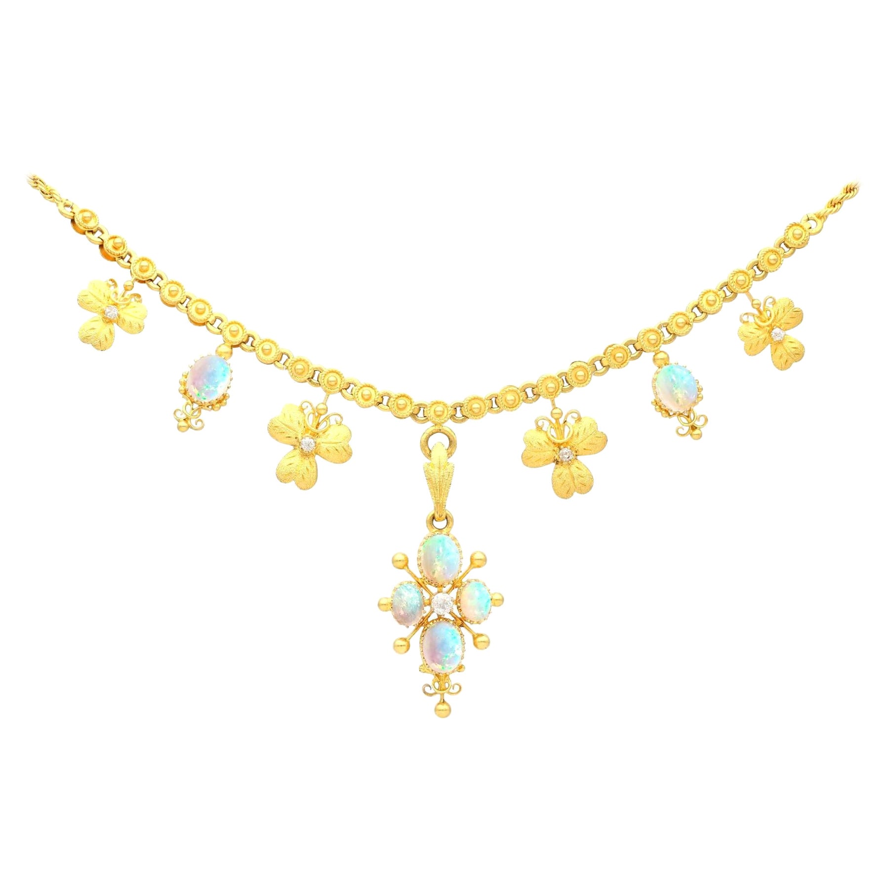 Collana antica in oro giallo 22k con opale e diamanti da 3,45 carati, circa 1890
