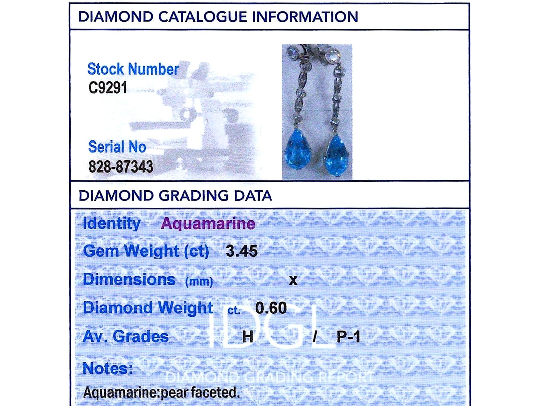 Antique 3.45ct Aquamarine and 0.60ct Diamond, Platinum Drop Earrings Circa 1925 en venta 5