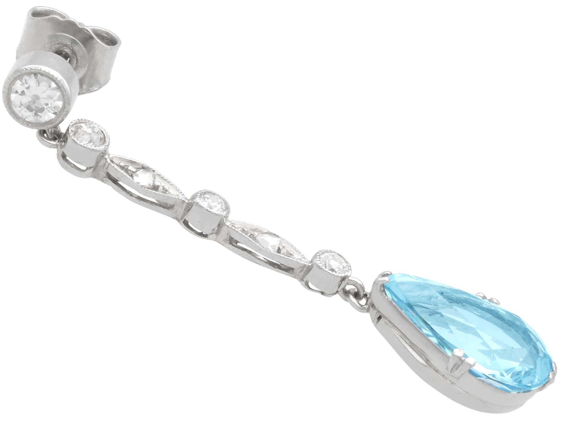 Antique 3.45ct Aquamarine and 0.60ct Diamond, Platinum Drop Earrings Circa 1925 en venta 1