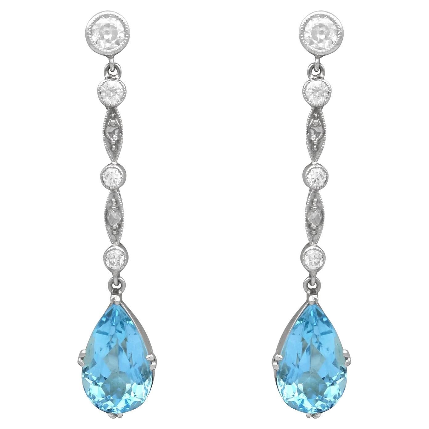 Antique 3.45ct Aquamarine and 0.60ct Diamond, Platinum Drop Earrings Circa 1925