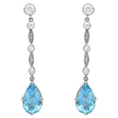 Antique 3.45ct Aquamarine and 0.60ct Diamond, Platinum Drop Earrings Circa 1925