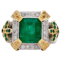 Antique 3.5 Carat Emerald Engagement Ring, Halo Emerald Diamond Cocktail Ring