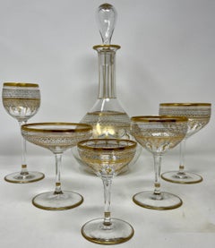 Antique 35-Piece Set of Gold Leaf & Turquoise Hand-Blown Glassware, Circa 1880's