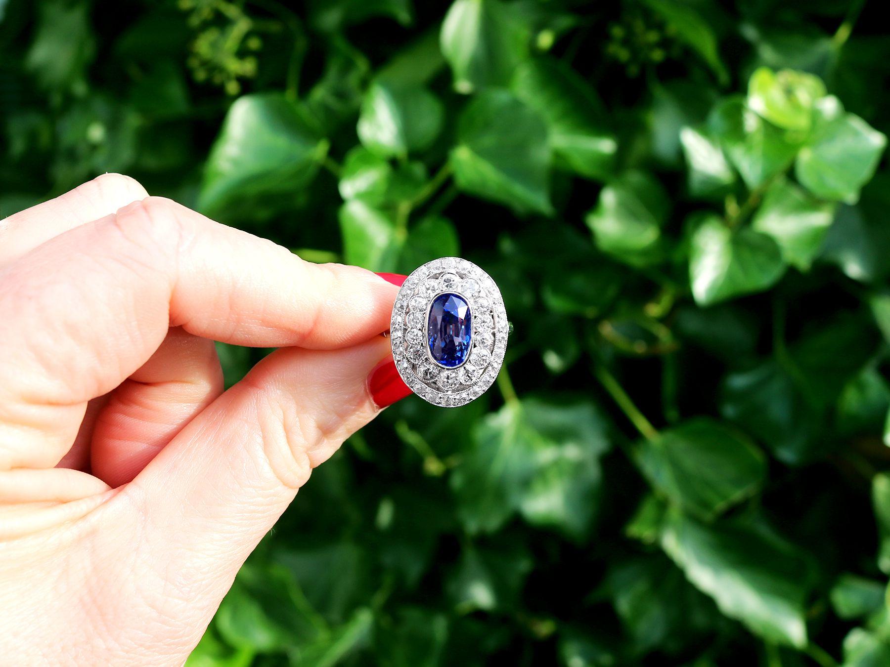 A stunning, fine and impressive 3.50 carat Ceylon sapphire and 2.48 carat diamond, platinum dress ring; part of our diverse antique jewelry collections.

This stunning antique blue sapphire ring has been crafted in platinum.

The pierced millegrain