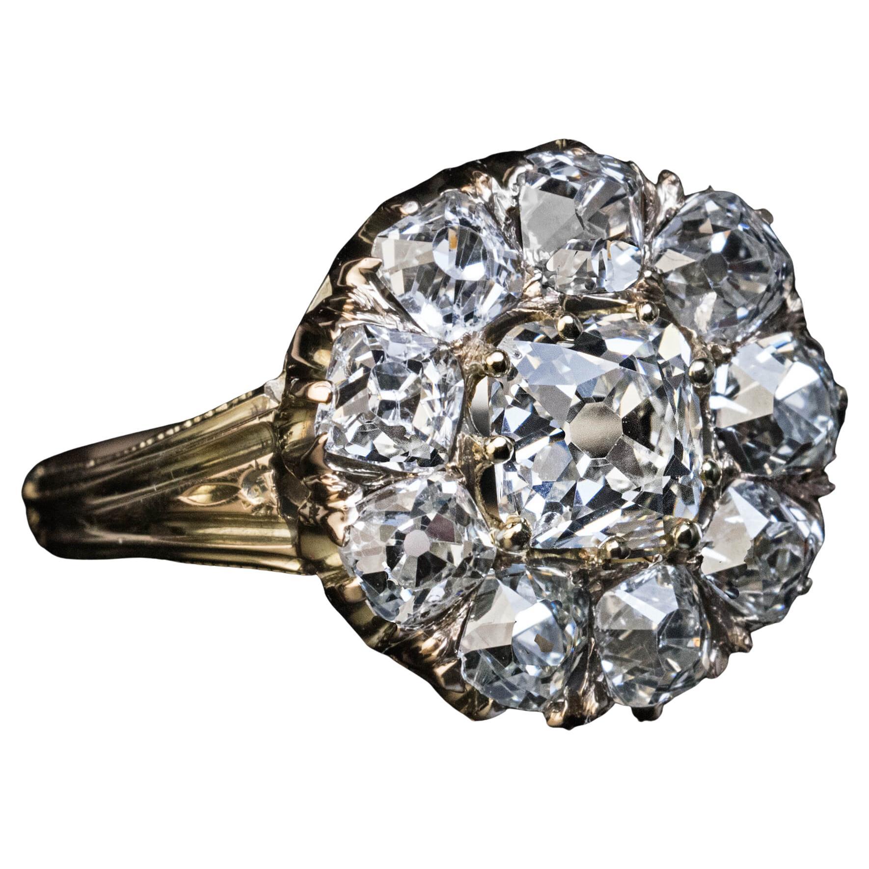 Antique 3.50 Ct Old Mine Cut Diamond Cluster Ring For Sale