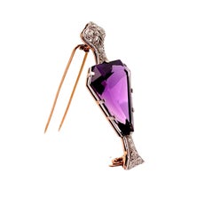 Antica spilla in platino e oro giallo 14k con diamante e ametista da 35,00 carati