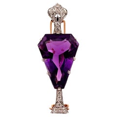 Antique 35.00 Carat Amethyst Diamond Platinum & 14k Yellow Gold Brooch