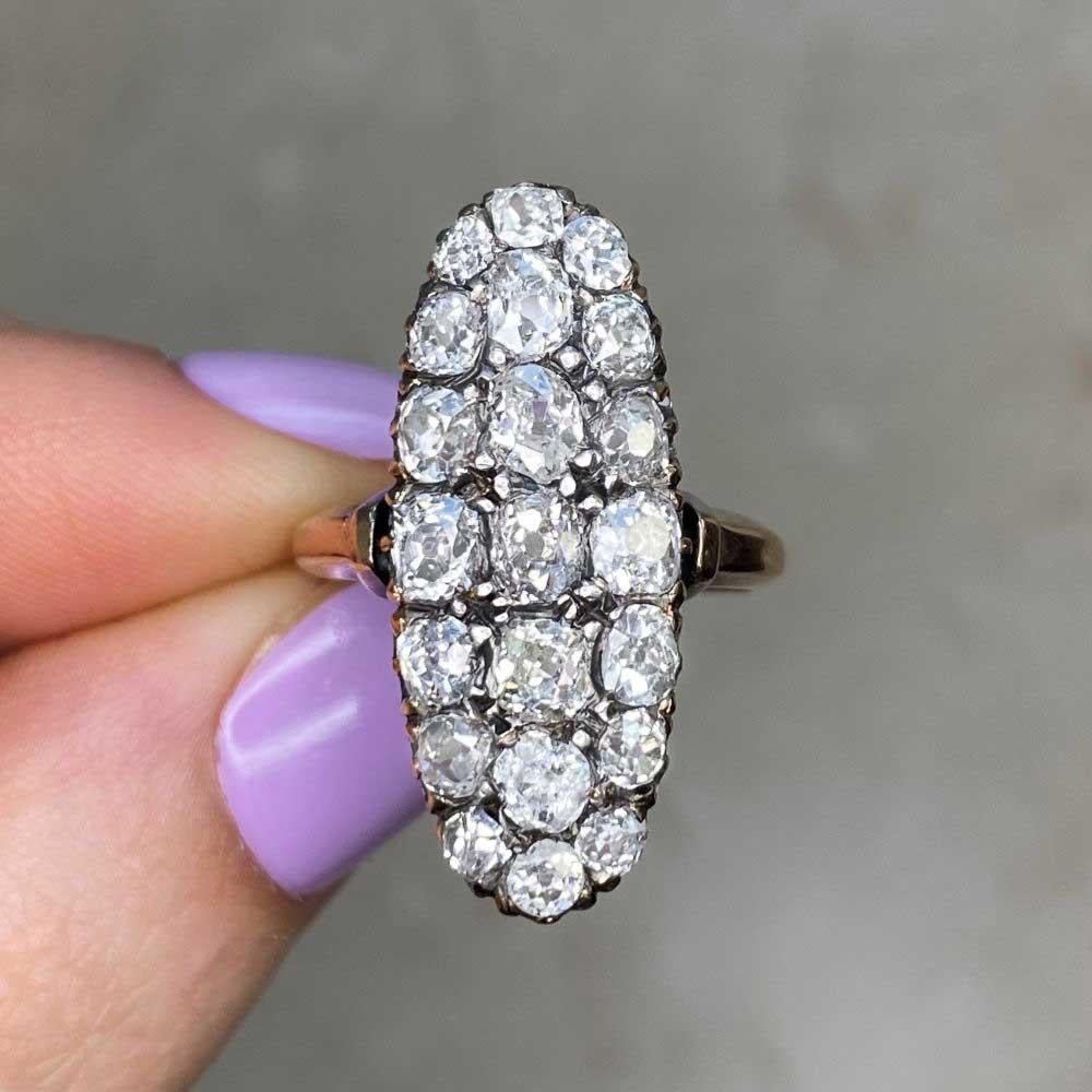 Antique 3.50ct Old Mine Cut Diamond Cocktail Ring, Silver And 18k Yellow Gold For Sale 5