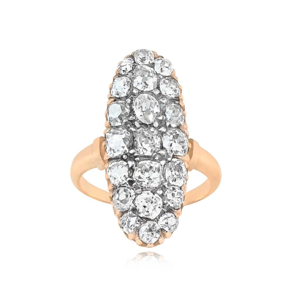 This original Victorian-era navette ring boasts a cluster of old mine-cut diamonds with a total approximate weight of 3.50 carats, I-J color, and SI1 clarity. The ring features an elongated mounting crafted in silver on 18k yellow gold and is