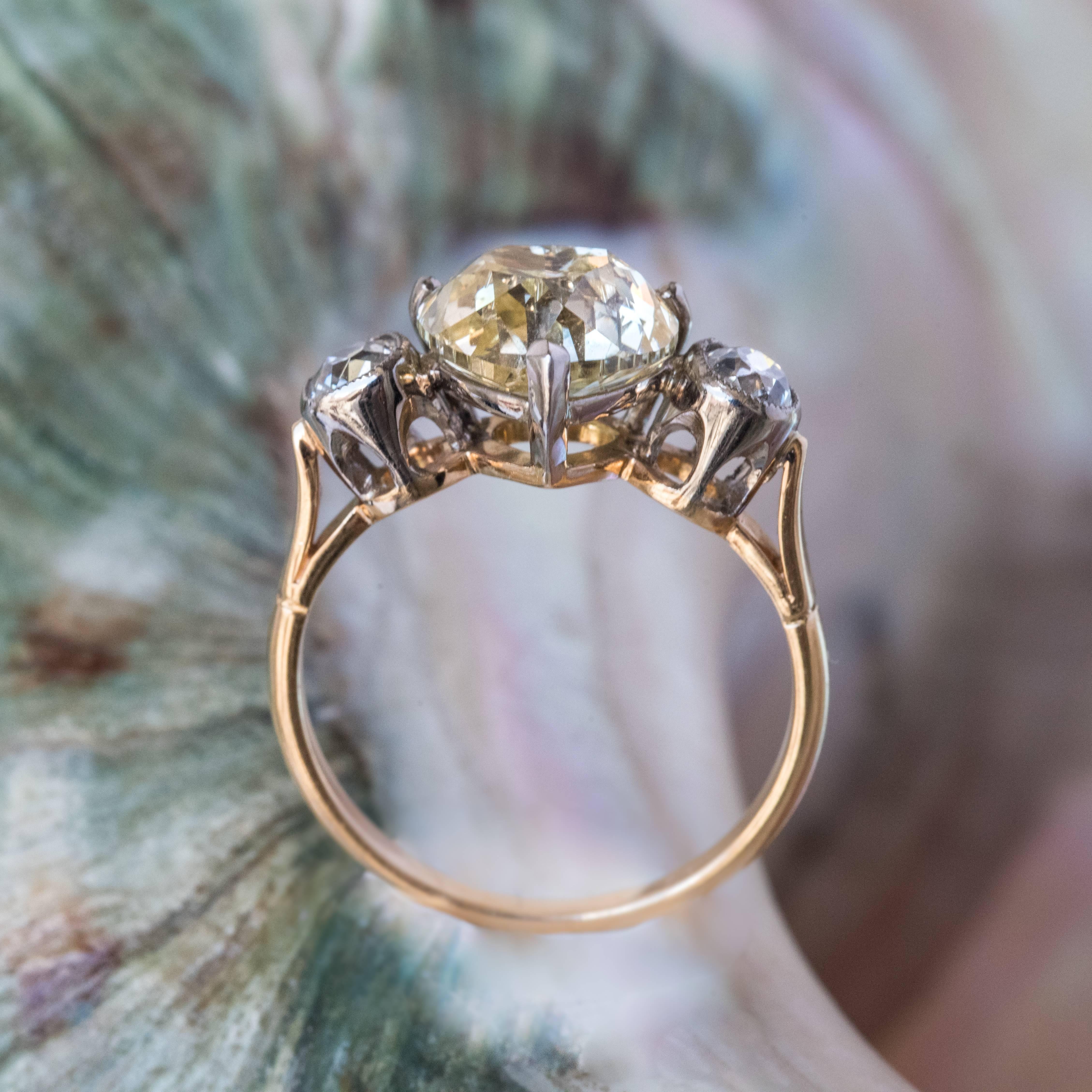 Empire French Antique 3.58 Carat Fancy Yellow Heart Cut Diamond Gold Ring