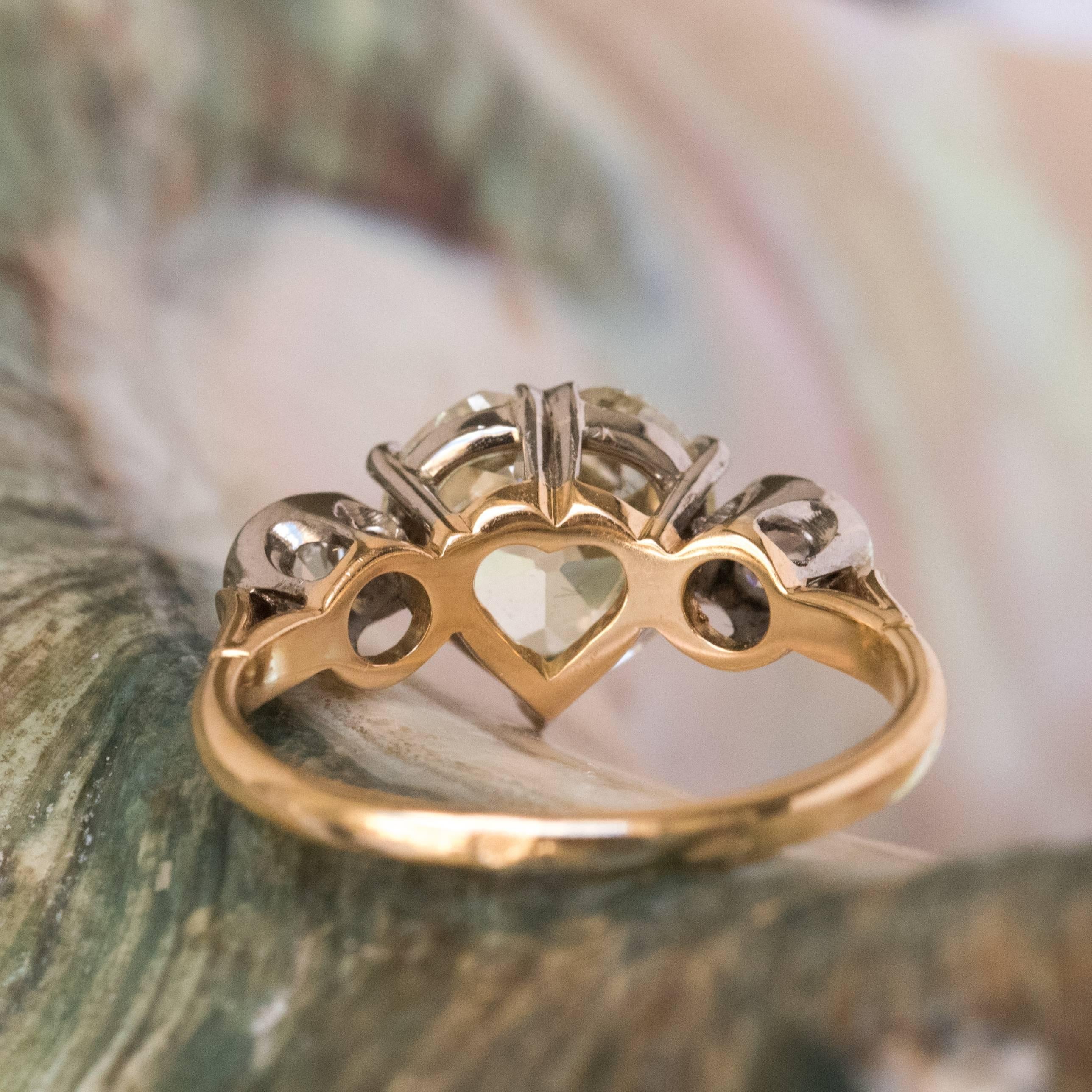 French Antique 3.58 Carat Fancy Yellow Heart Cut Diamond Gold Ring 1