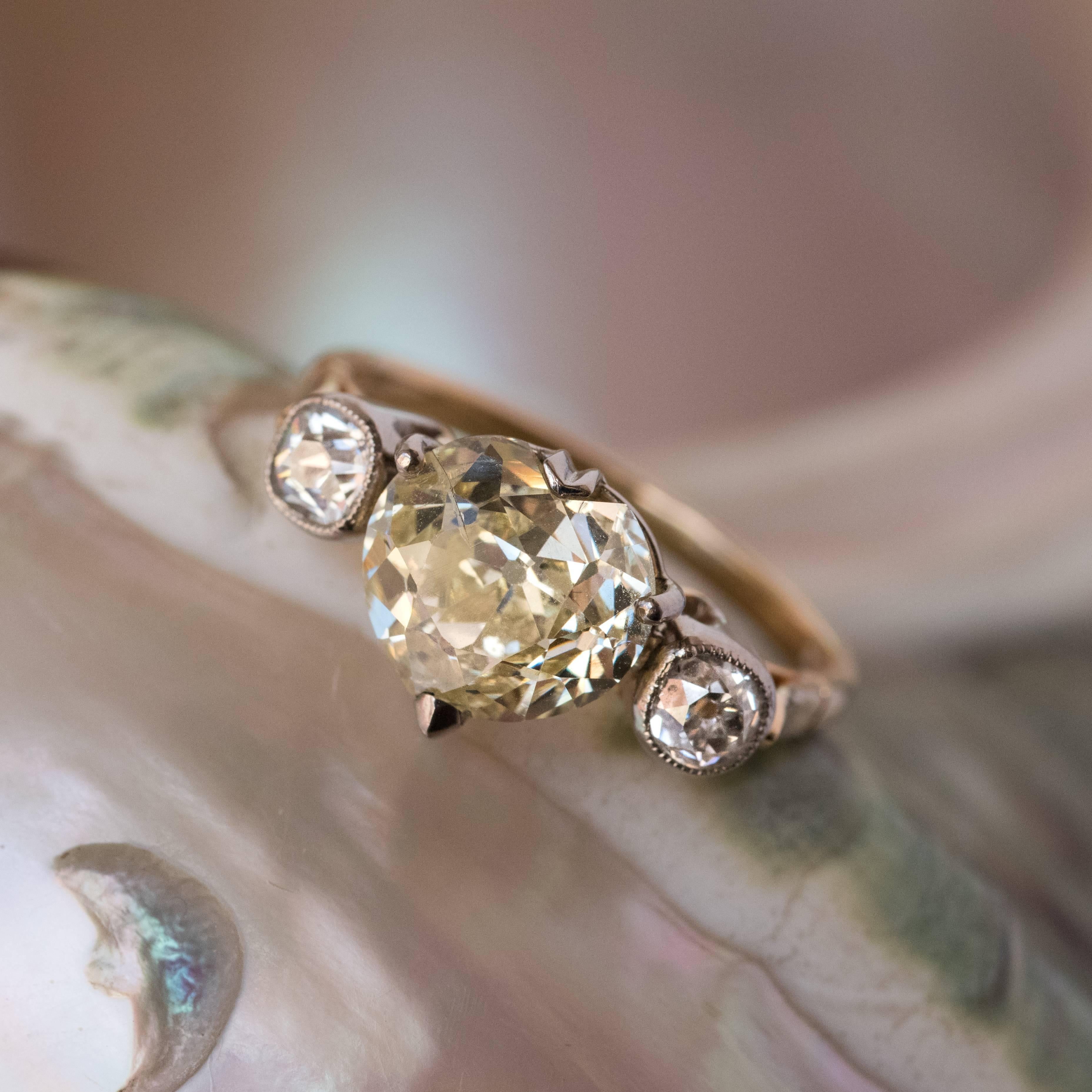 French Antique 3.58 Carat Fancy Yellow Heart Cut Diamond Gold Ring 3