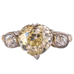 French Antique 3.58 Carat Fancy Yellow Heart Cut Diamond Gold Ring