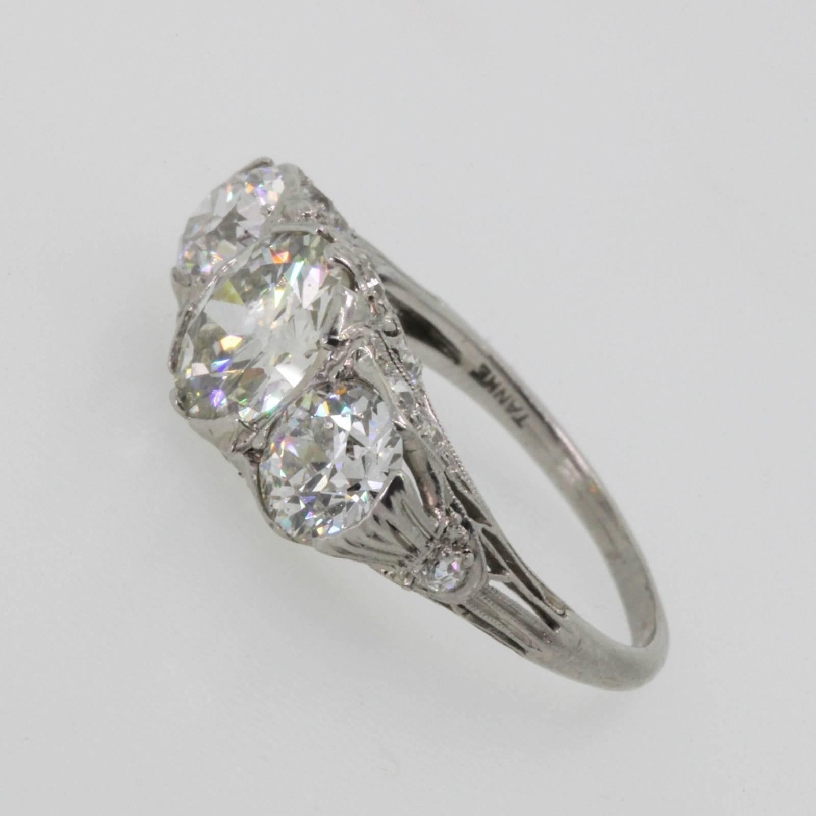 Women's Antique 3.58 Carat Three-Stone Old Cut Diamond Platinum Ring