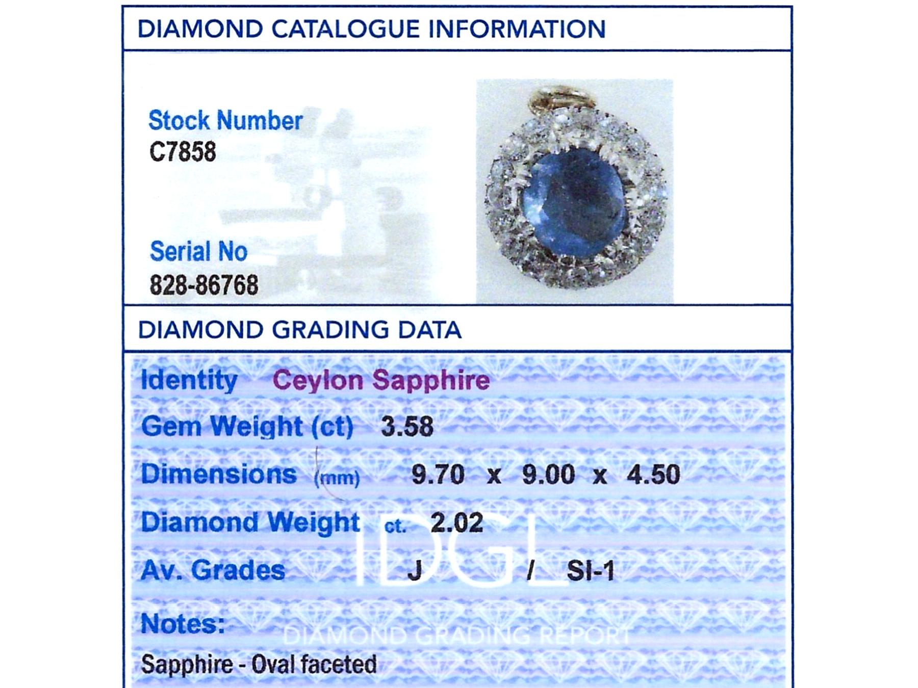 Antique 3.58ct Ceylon Sapphire and 2.02ct Diamond 15k Yellow Gold Pendant For Sale 4