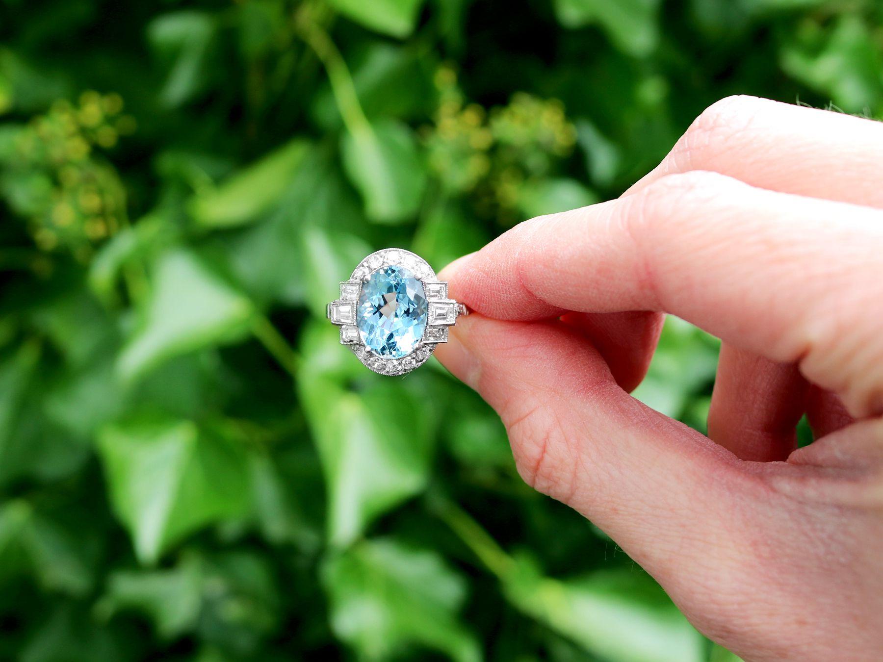 A stunning, fine and impressive 3.68 carat aquamarine and 0.90 carat diamond, platinum dress ring; part of our diverse gemstone jewelry and estate jewelry collections

This stunning, fine and impressive aquamarine ring has been crafted in