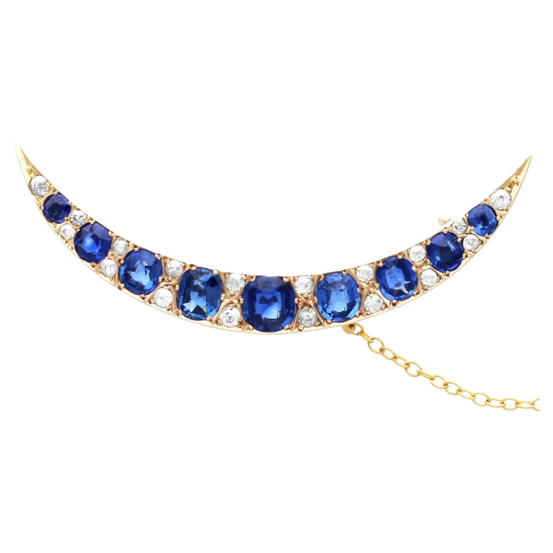 Antique 3.70Ct Sapphire, 0.48Ct Diamond and 9k Yellow Gold Crescent Brooch