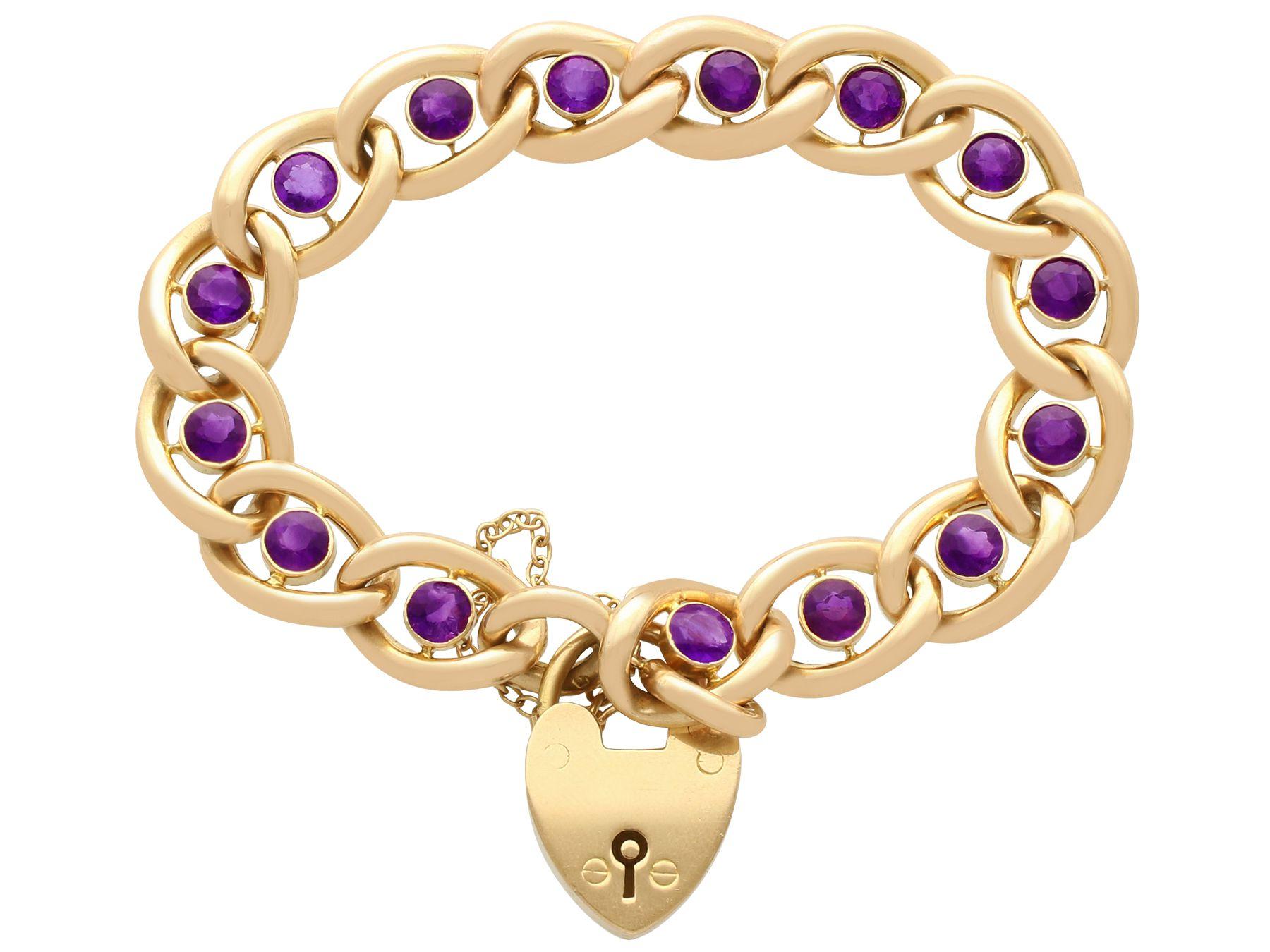 A stunning, fine and impressive antique Victorian 3.75 carat amethyst and 15 karat yellow gold link bracelet with a heart shaped padlock clasp; part of our diverse antique jewelry and estate jewelry collections.

This stunning, fine and impressive