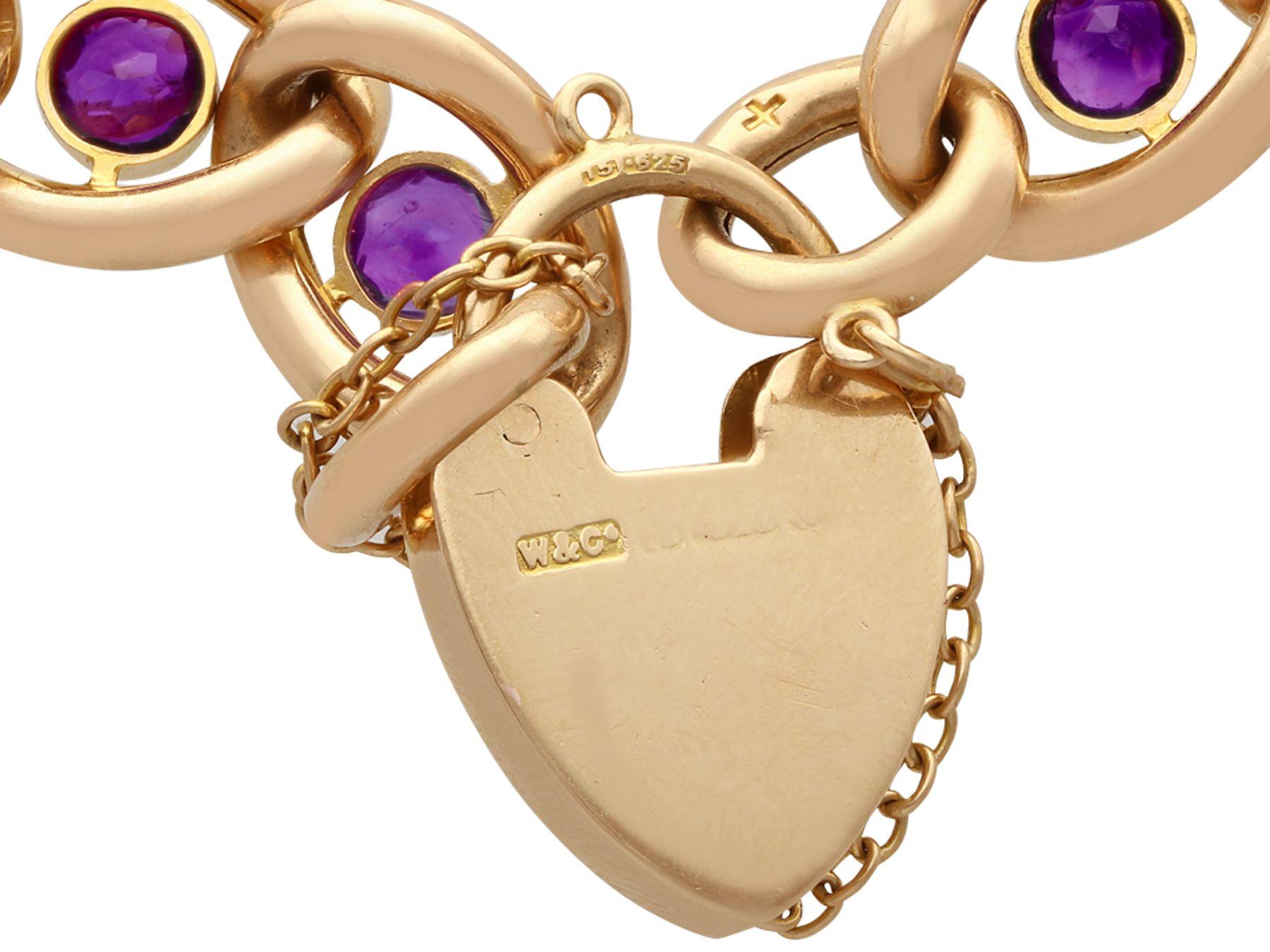Round Cut Antique 3.75 Carat Amethyst and Gold Bracelet with Heart Padlock Clasp For Sale